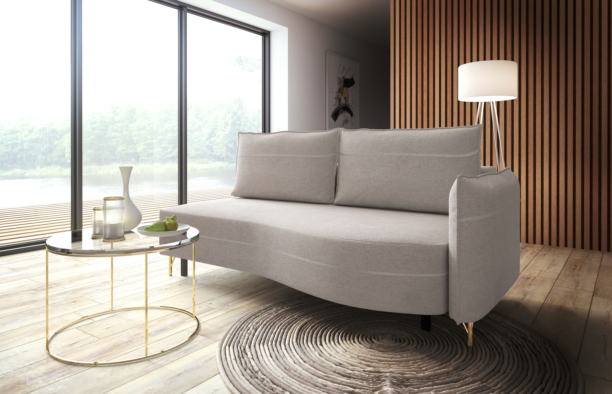 exxpo - sofa fashion Loungesofa »mit toller Kontrastnaht, Solitärmöbel, bequem, schmale Armlehne«, Schlafsofa mit Bettfunktion und Bettkasten, komfortabler Federkern