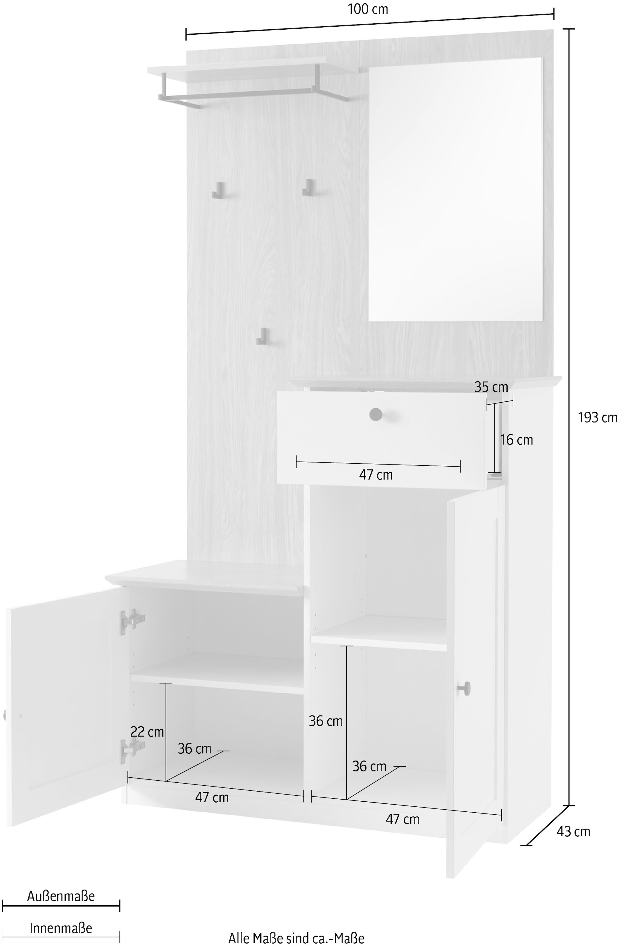 OTTO home Kompaktgarderobe »Brest, Garderobe im Landhausstil, Flurgarderobe, Dielenschrank« schwarze Metallgriffe, viel Stauraum, für kleine Räume geeignet