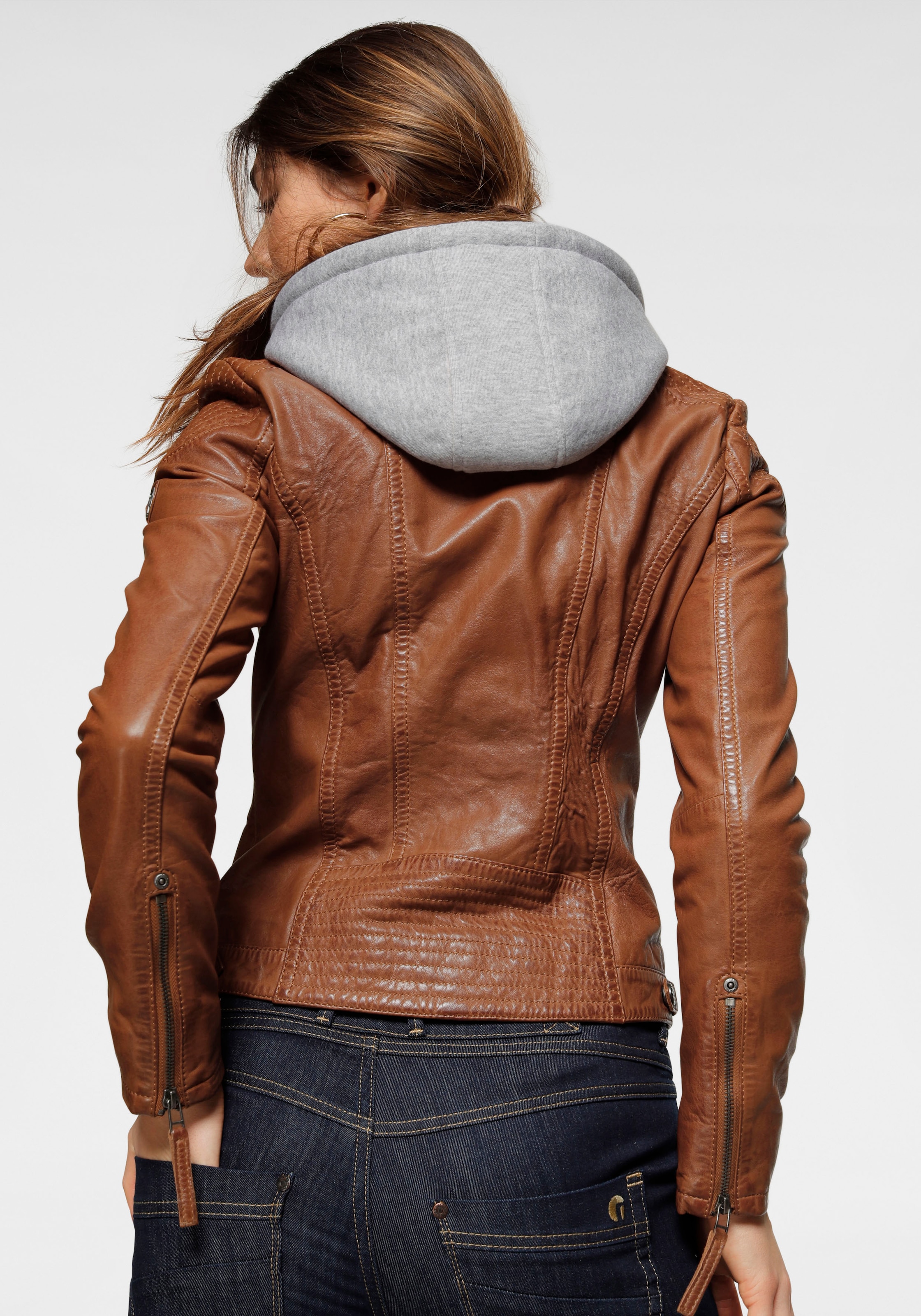 Mauritius Lederjacke »Junja«, mit Kapuze, mit abnehmbarem Kapuzen-Einsatz und aufwendigen Biker-Details