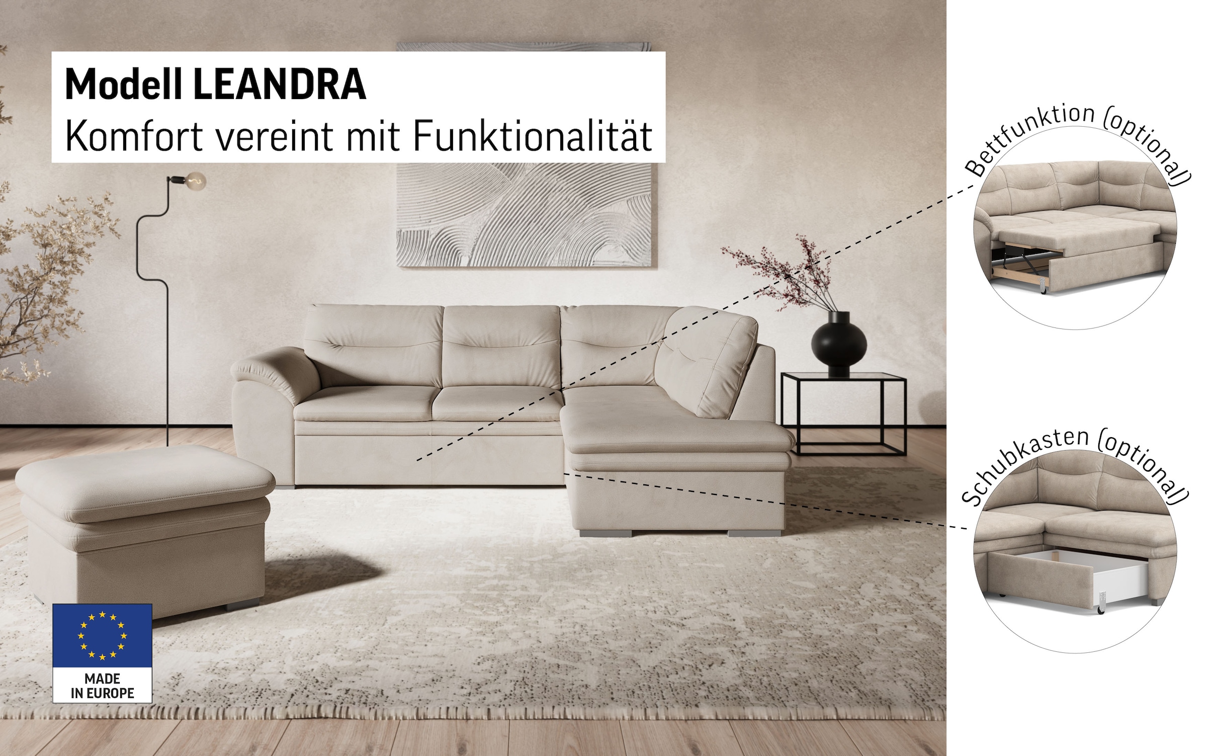 COTTA Ecksofa »Leandra L-Form«, wahlweise mit Bettfunktion & Bettkasten