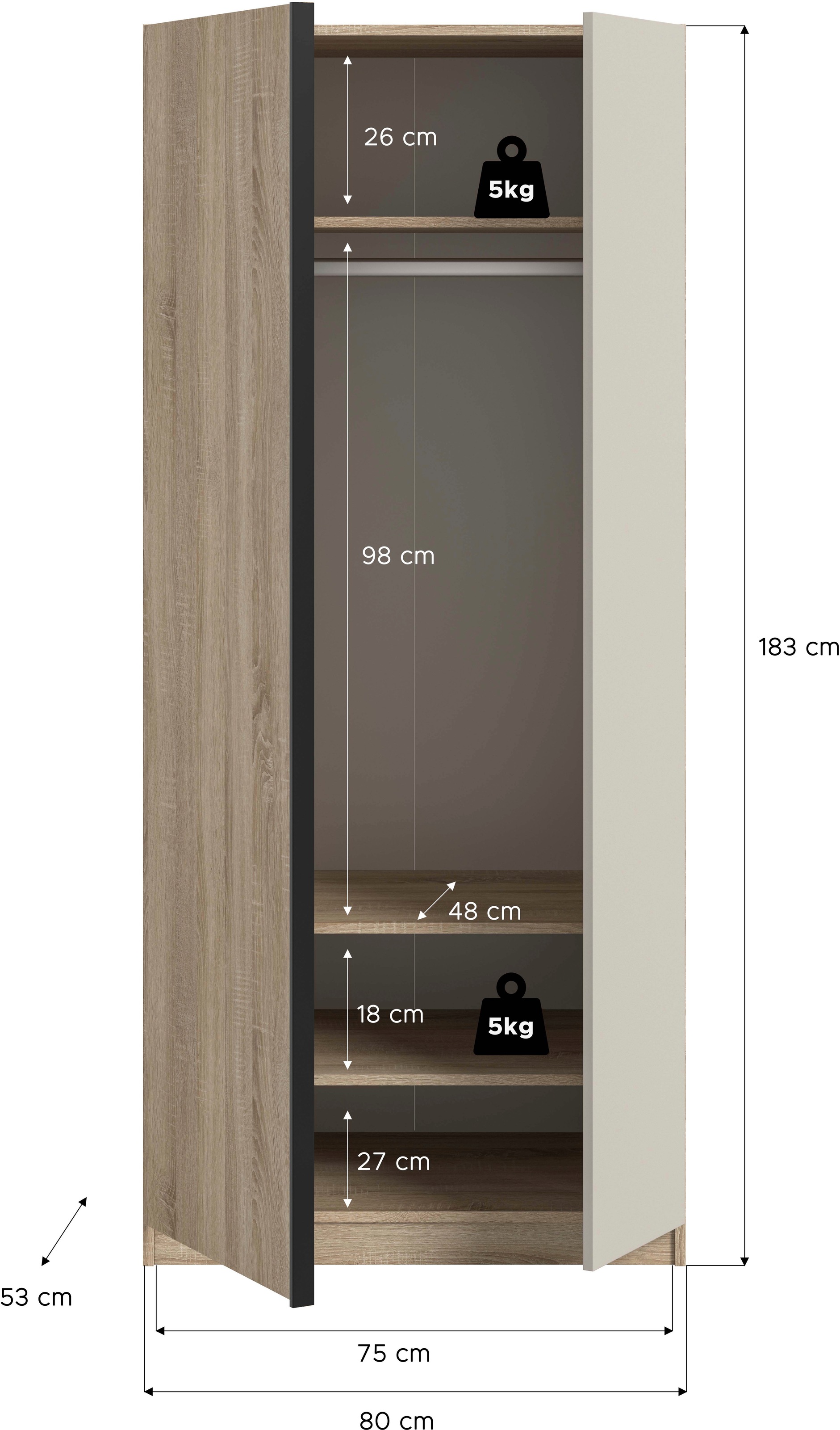 Home affaire Kleiderschrank »BENDINGO, TOPSELLER!, Schlafzimmerschrank, Schrank, Garderobenschrank« OTTO BESTSELLER, Garderobe & Schlafzimmer,  Breite 80cm, Eiche NB, 2-türig, inkl 1 Kleiderstange und 3 Ablageboden