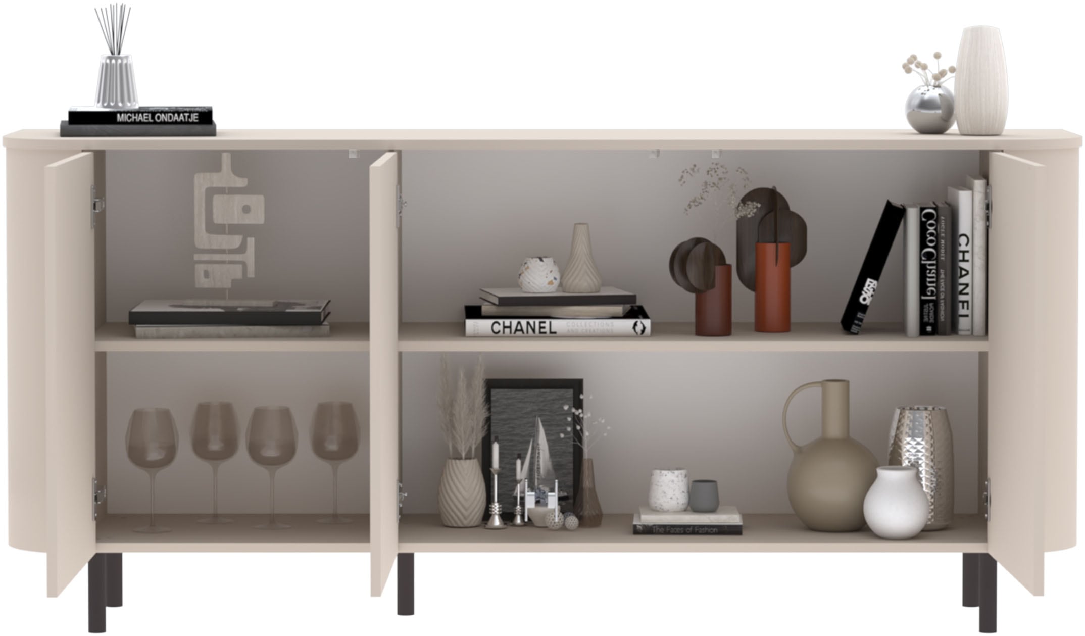 INOSIGN Sideboard »Lido, 181 cm breit, 3 Türen, Anrichte, Kommode, Stauraumschrank« Formgebogenes MDF, Stirnseiten mit Rundung, Push-to-open, Metallfüße