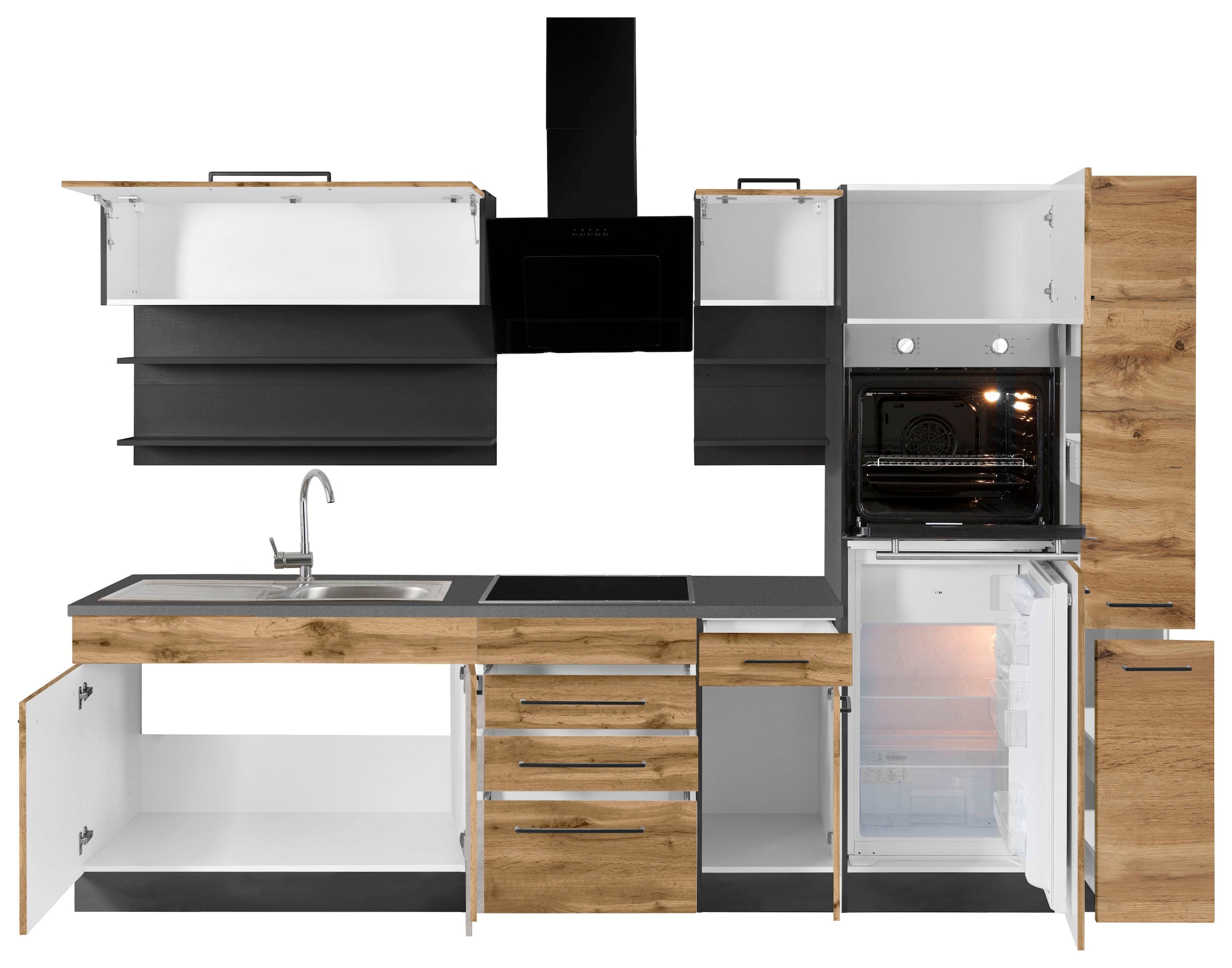KOCHSTATION Küchenzeile »KS-Tulsa«, ohne E-Geräte, Breite 300 cm, schwarze Metallgriffe, MDF Fronten