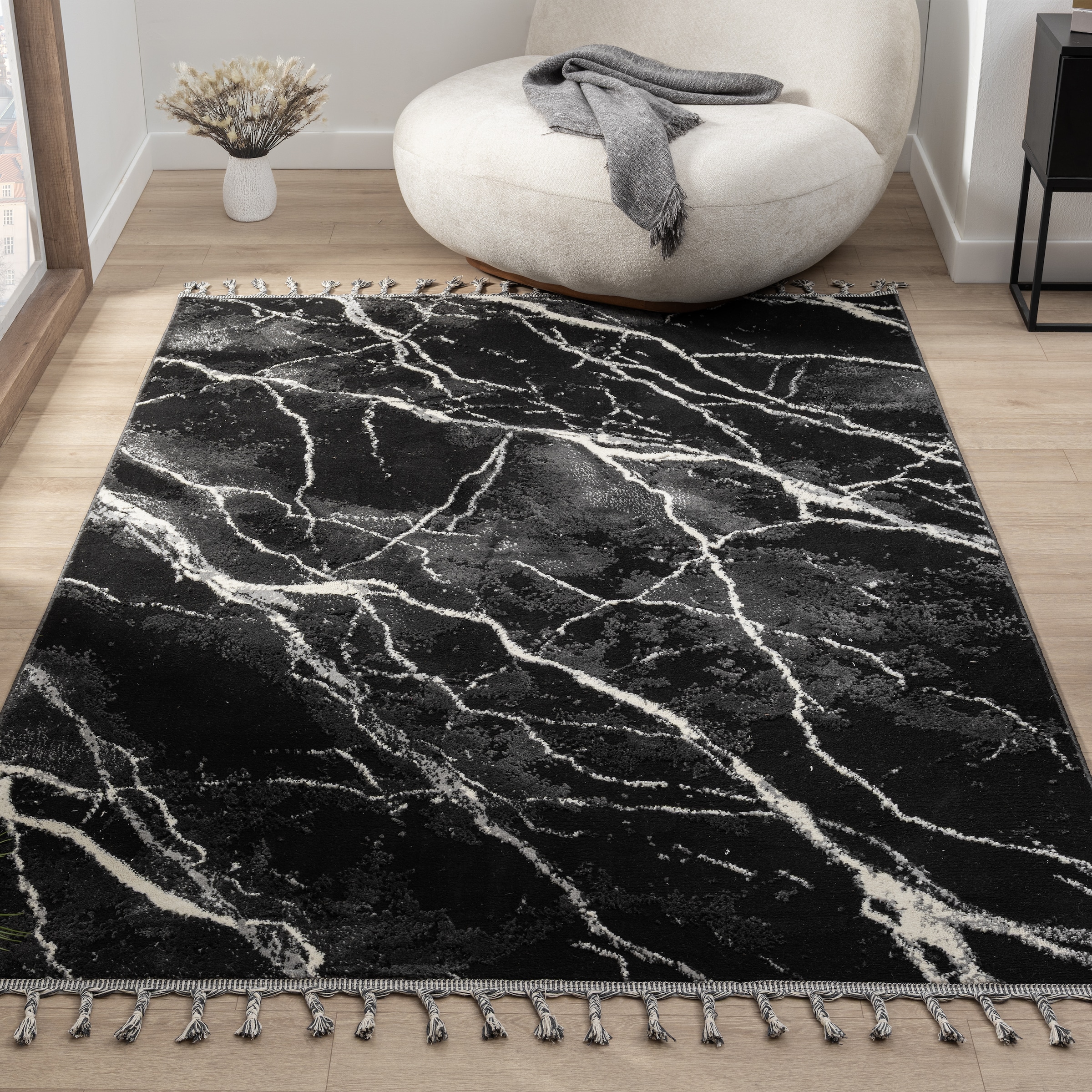 my home Teppich »Zoe«, rechteckig, 11 mm Höhe, mit Fransen, modernes Marmor-Design, Wohnzimmer, Schlafzimmer