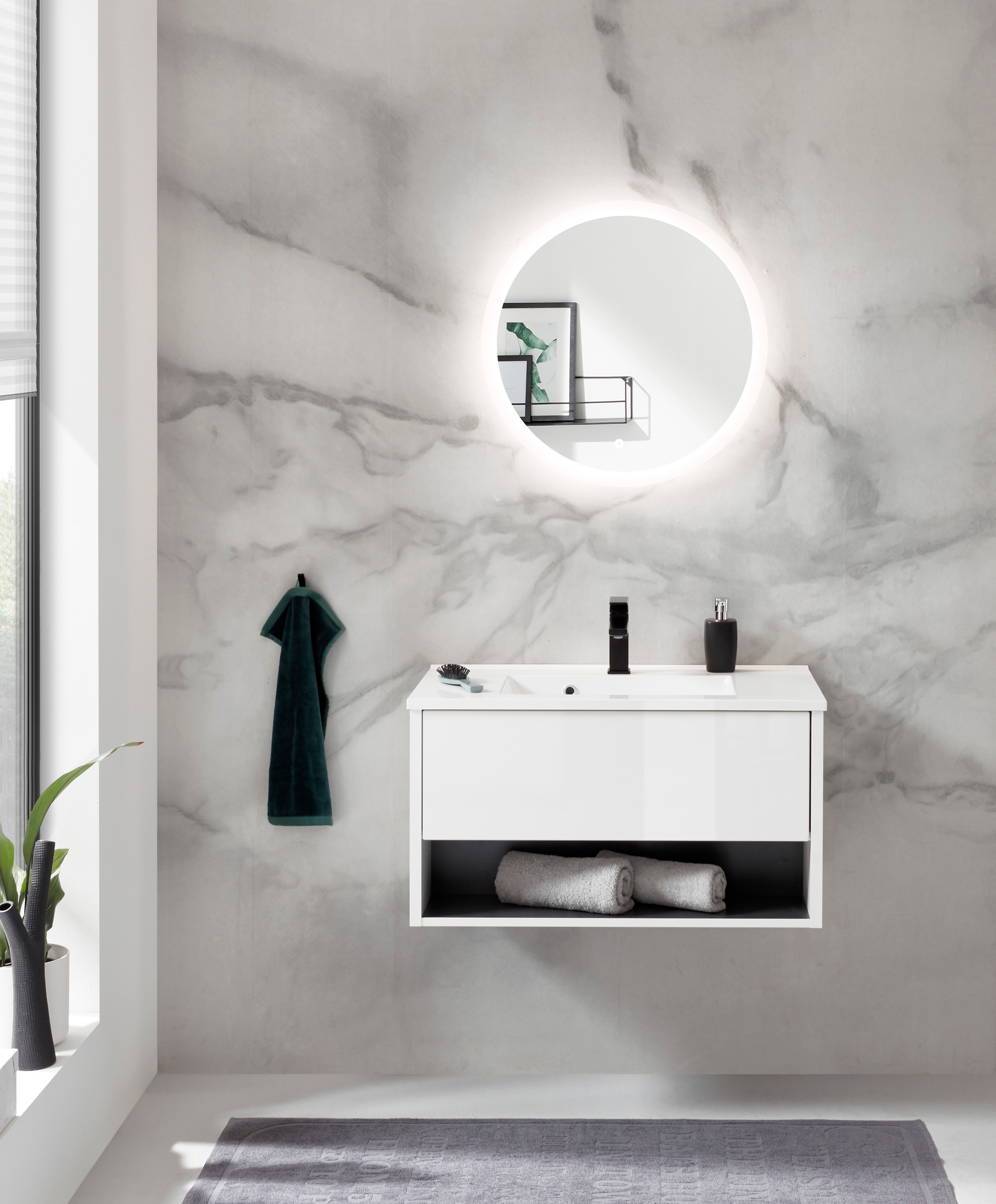 Places of Style Badmöbel-Set »Studio Line, Bad im modernen Design, 2-teiliges Badezimmer«, (2 St.), Waschtisch und Spiegel, in zwei Farben verfügbar, viel Stauraum