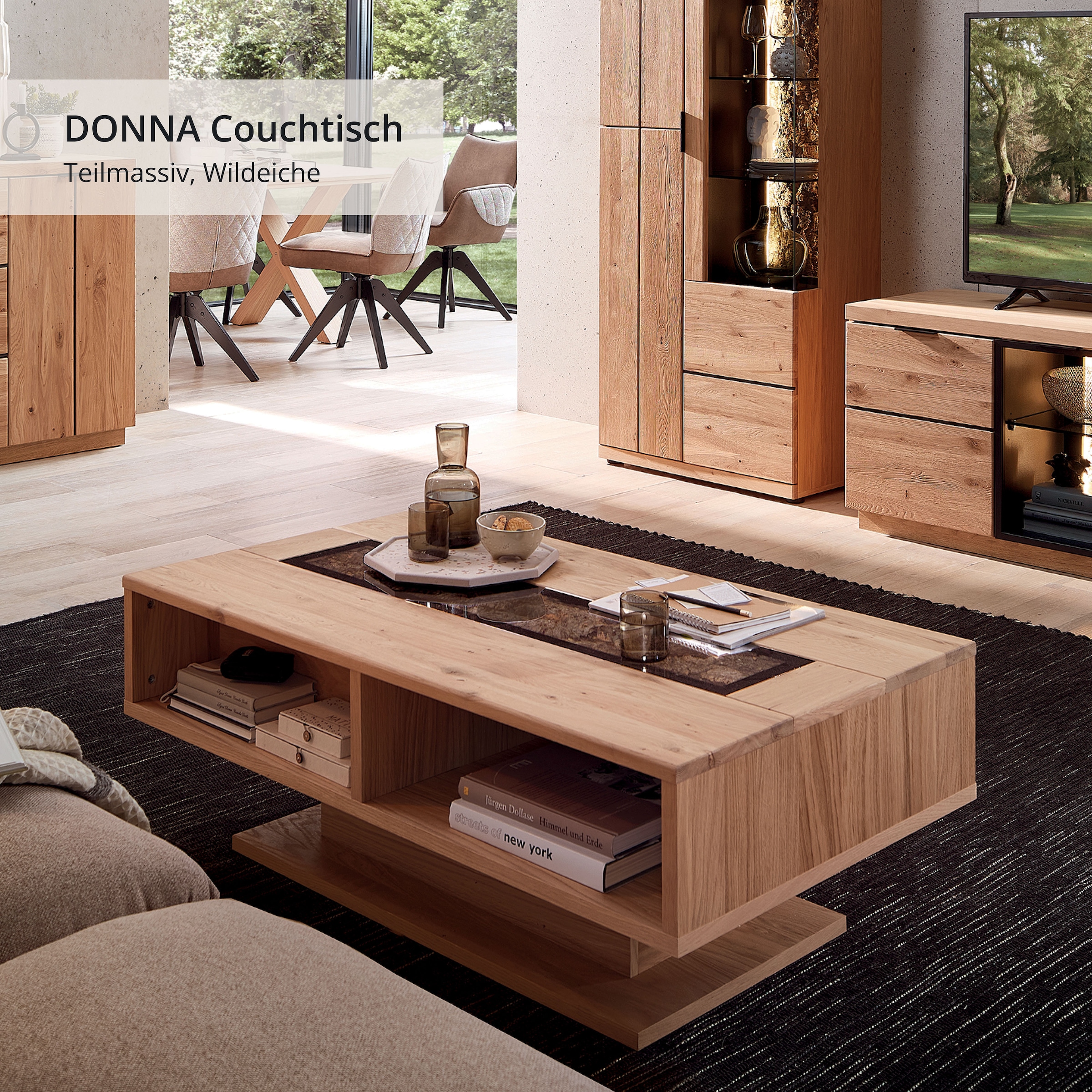 Wohnconcept Couchtisch »Donna Couchtisch, 115x43x65 (BxHxT)« 1 Stk. tlg. Massivholz, Absetzung Echtkork gerundet, 4 offene Fächer