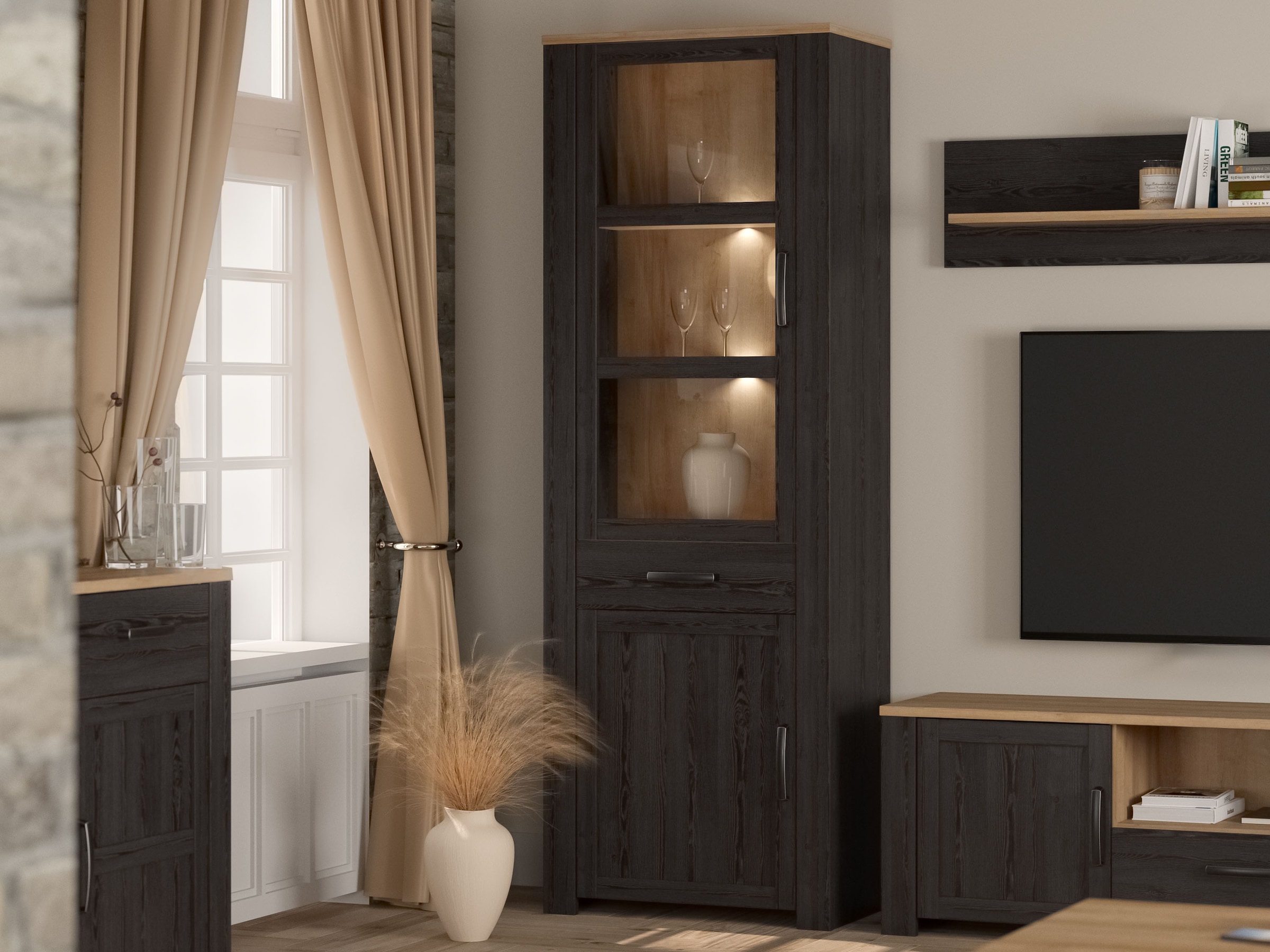 FORTE Highboard »Bohol, Vitrine, 1 Glastüre,1 SK, 1 Türe« B/H/T 71,7/205,4/42 cm Beleuchtung optional bestellbar