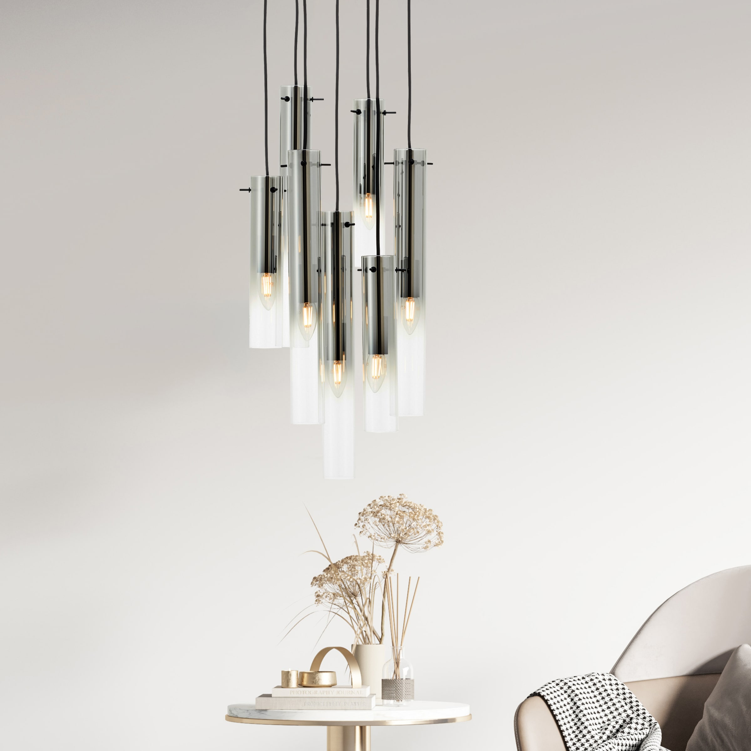 Brilliant Pendelleuchte »Glasini«, 7 flammig, Leuchtmittel E14 | ohne Leuchtmittel, 199 x 32 cm, 7 x E14, kürzbar, Metall/Rauchglas, matt schwarz