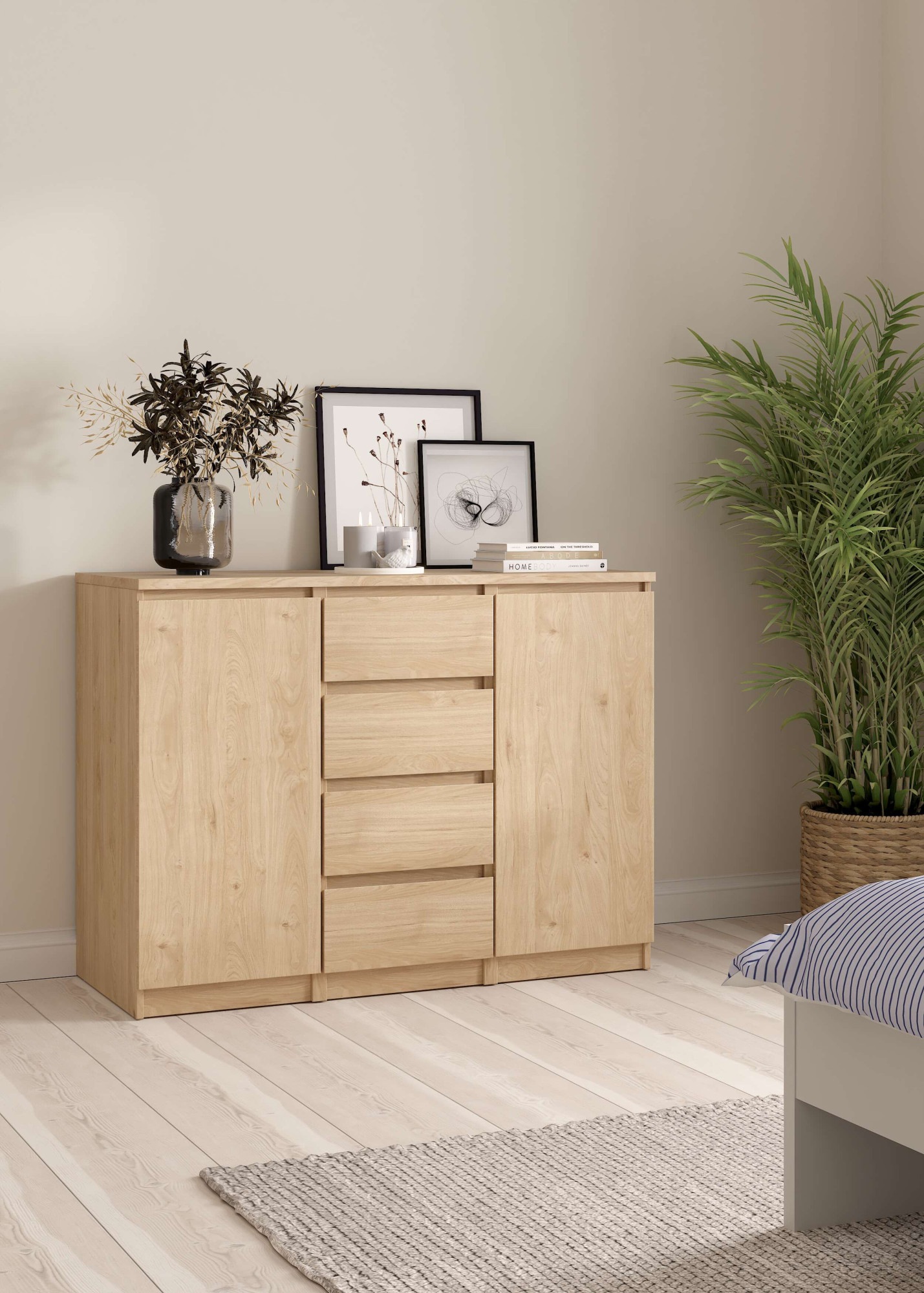 Inosign Kommode »Naia, Sideboard, 4 Schubladen, 2 Türen, Aufbewahrung, Grifflose Front« Mit Einlegeböden, Modern, Skandinavisches Design, In