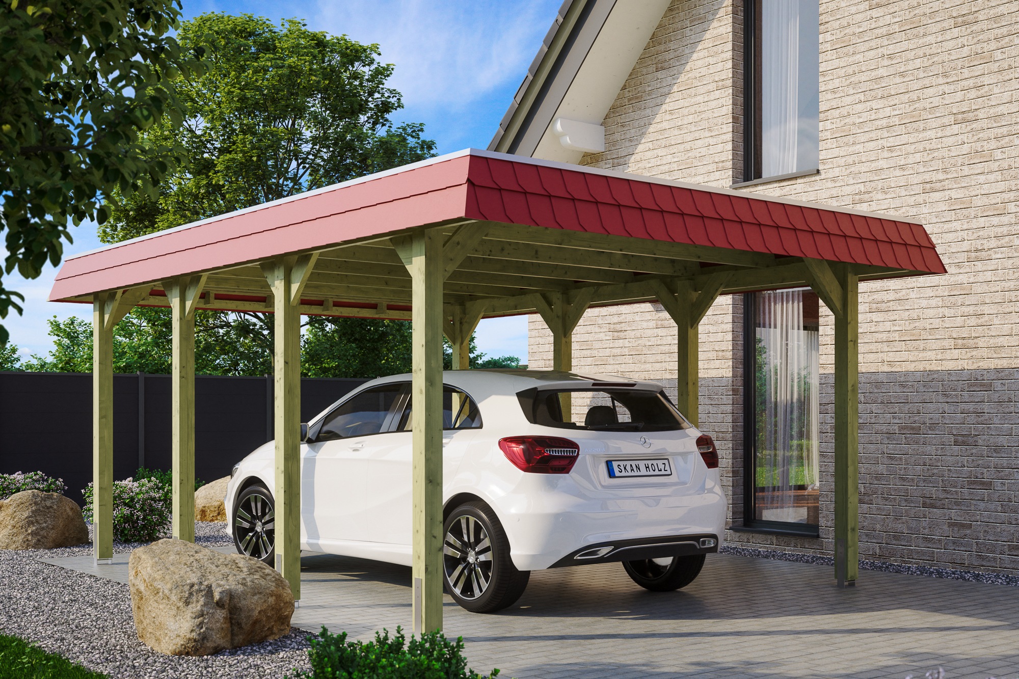 Skanholz Einzelcarport »Spreewald«, Nadelholz, 342 cm, Grün, mit Aluminiumdach, rote Blende