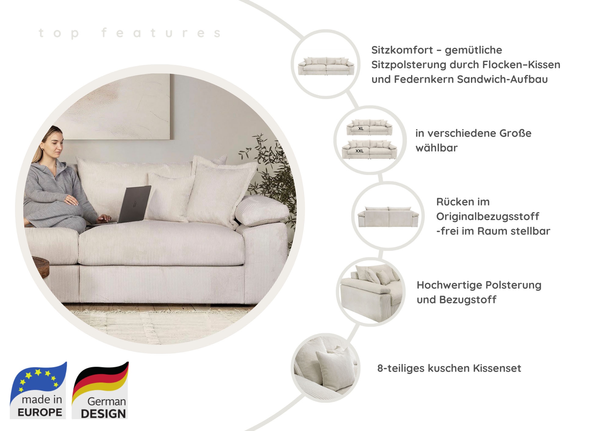 Home affaire Big-Sofa »Soft&Cosy XXL - Breite 303 cm«, Mega-Sofa, Cord oder Chenille-Struktur, Federkern-Polsterung