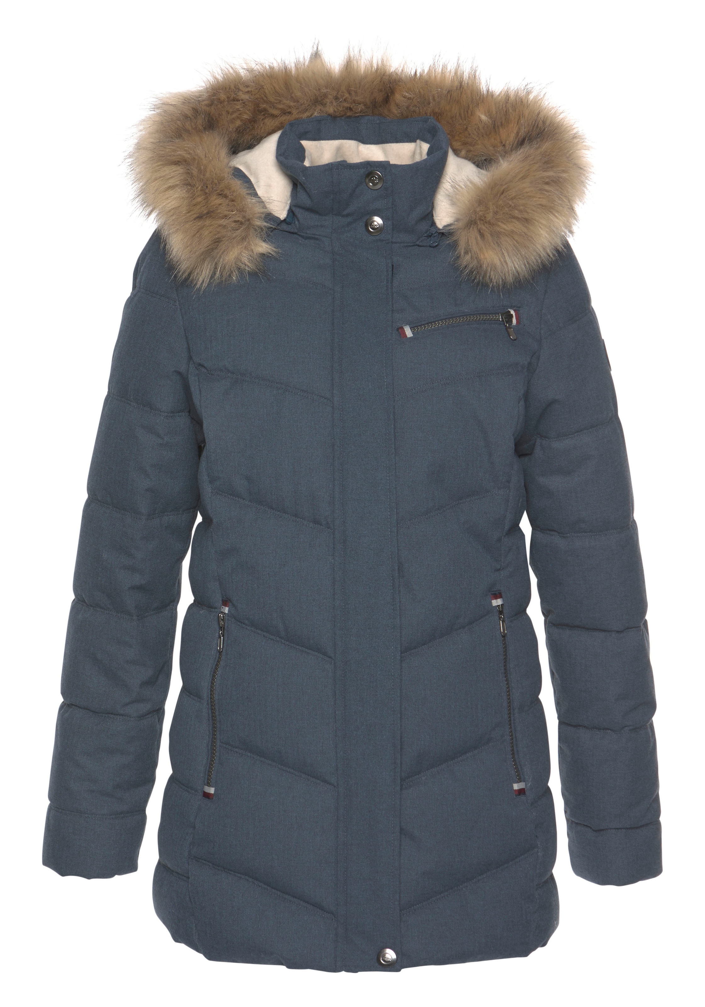 Polarino Steppjacke mit Kapuze mit abnehmbarer Kapuze,  mit Fellimitat,  viele Taschen