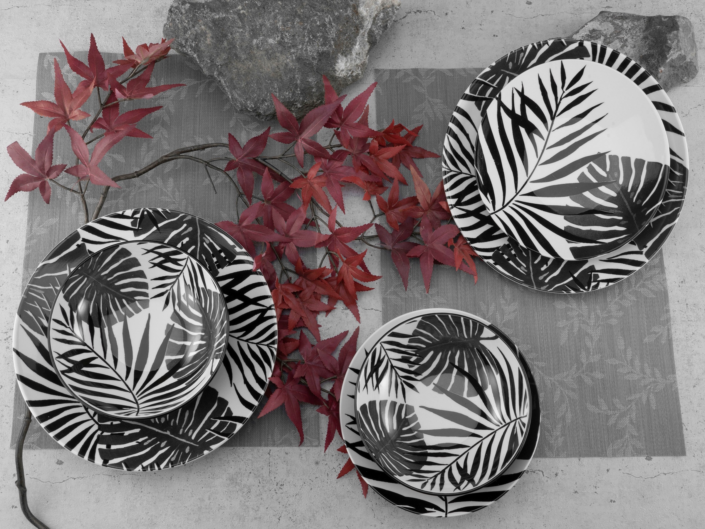 CreaTable Teller-Set »Tropicana«, (Set, 12 tlg.), vollflächiger tropischer Blätter Dekor