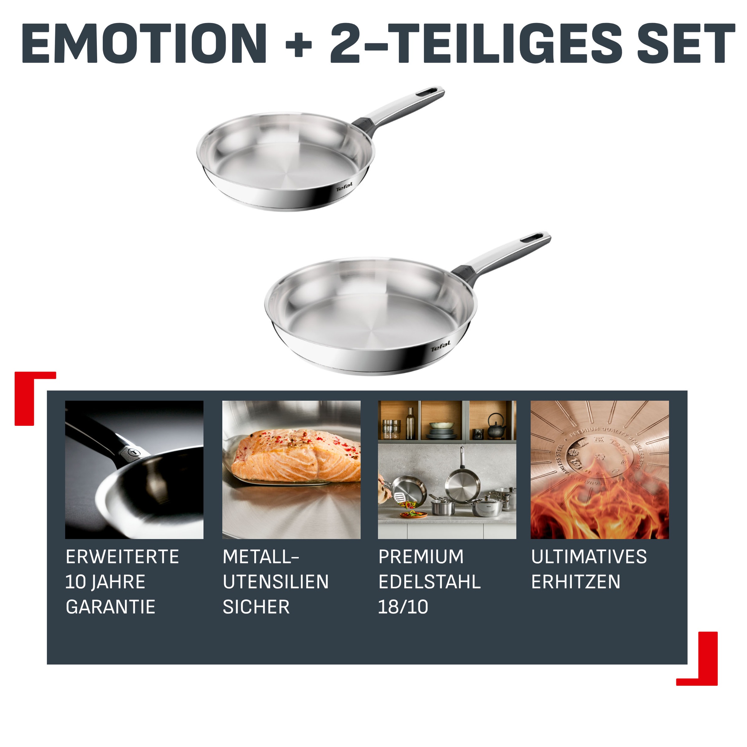 Tefal Pfannen-Set »Emotion+« Edelstahl Set, je 1 Pfanne 24/28 cm, 2 tlg. Premium Edelstahl, Induktion, spülmaschinenfest, hochglanzpoliert