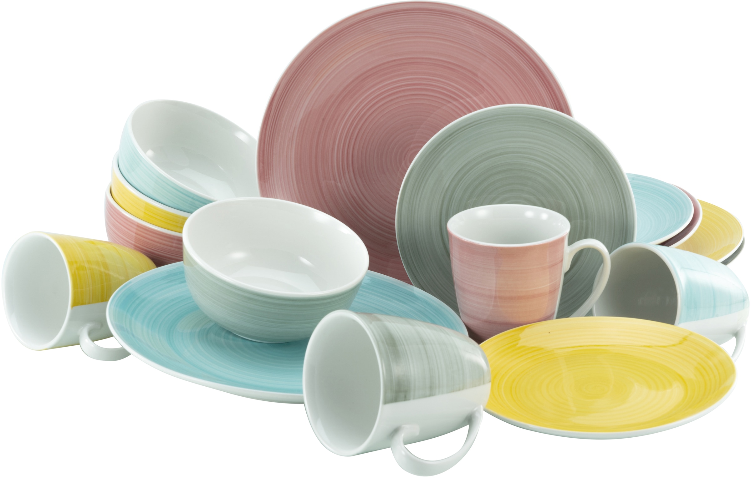 CreaTable Kombiservice »Geschirr-Set Pastello«, (Set, 16 tlg., Kaffeeservice und Tafelservice im Set, für 4 Personen), Service, handgemalte Spirale, 16 Teile, für 4 Personen