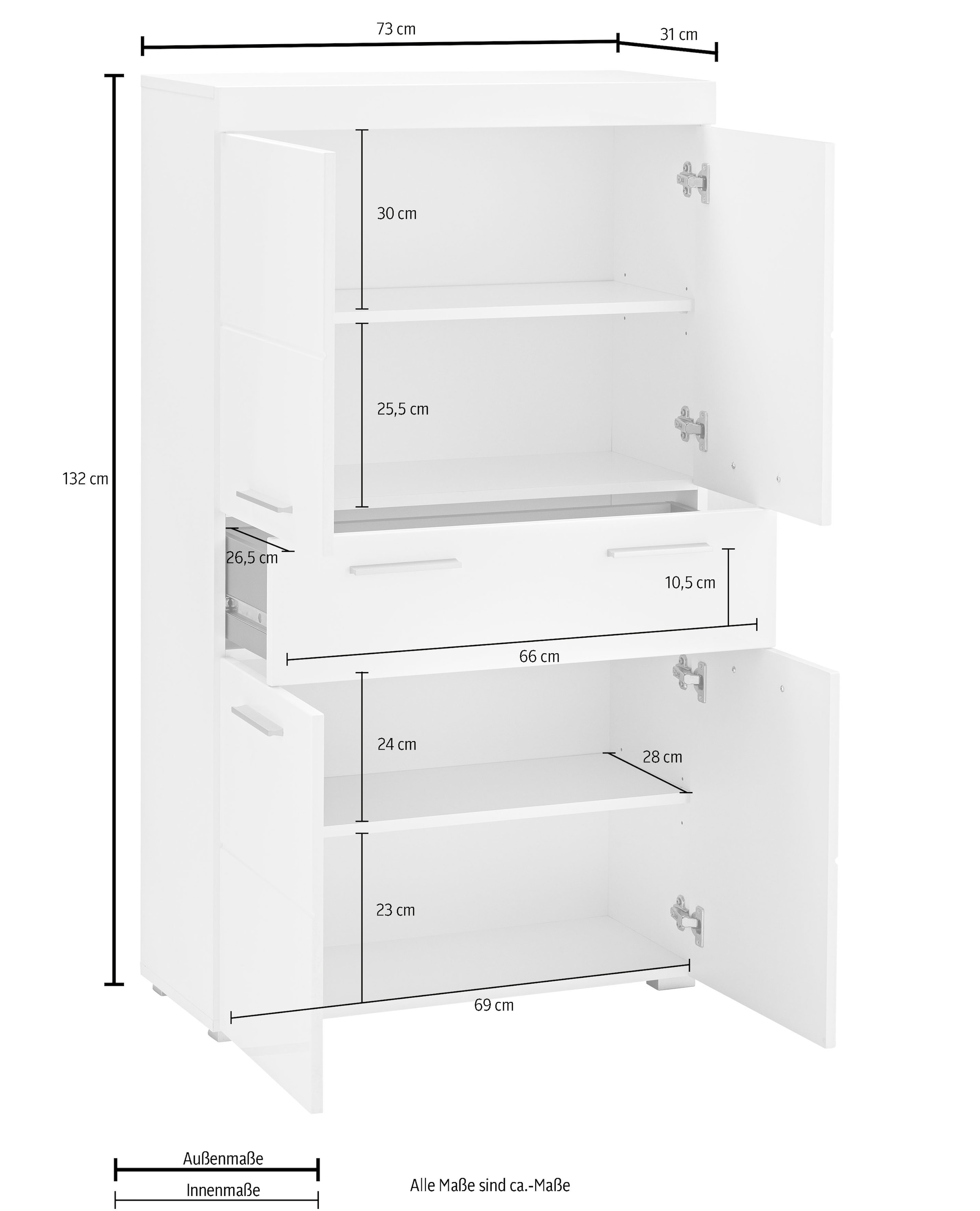 welltime Midischrank »Avena« Standschrank mit 4 Türen, 1 Schublade - (B/T/H) 73/31/130 cm