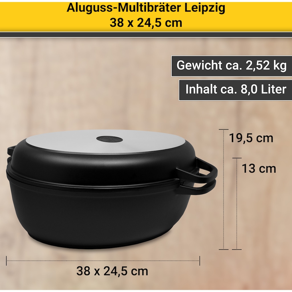 Krüger Bräter »Aluguss Multibräter mit Grilldeckel LEIPZIG, 38 x 24,5 x 13 cm«, Aluminiumguss, (1 tlg.), hochwertige Antihaft-Versiegelung