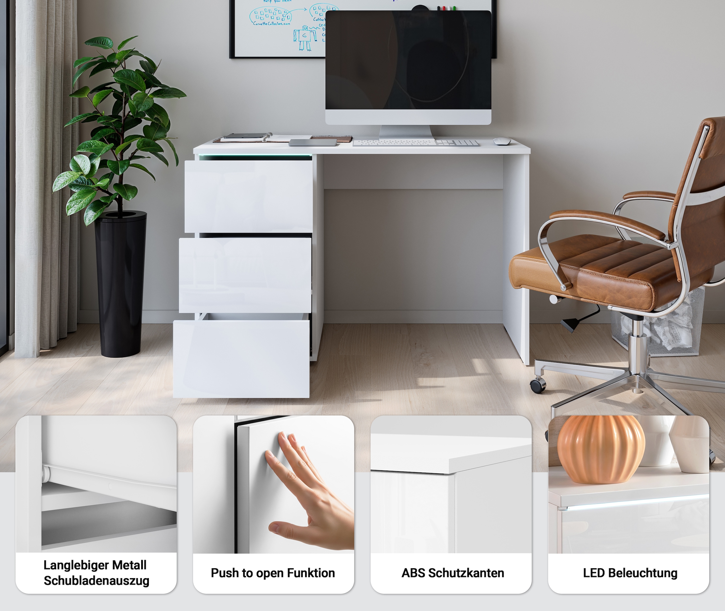 INOSIGN Schreibtisch »Vera, Computertisch mit LED-Beleuchtung« 1 Stk. tlg. Moderner Schreibtisch, Push-to-Open, 3 Schubladen, B 110 oder 150 cm