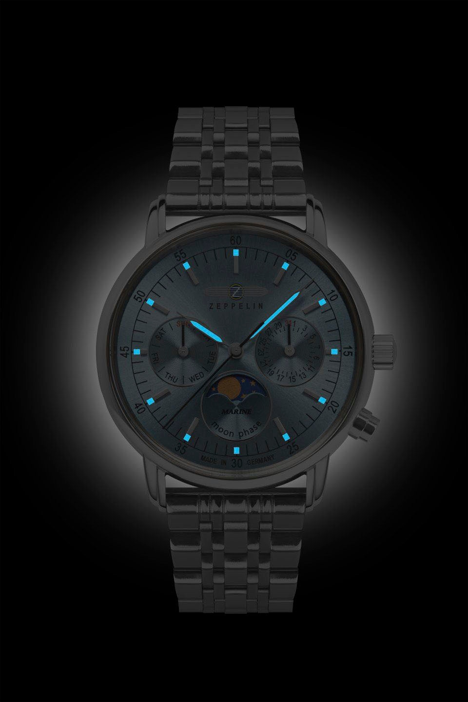ZEPPELIN Multifunktionsuhr »LZ 14 Marine Moonphase«, Quarzuhr, Damen, Datum, Mondphase, Edelstahlarmband, Made in Germany