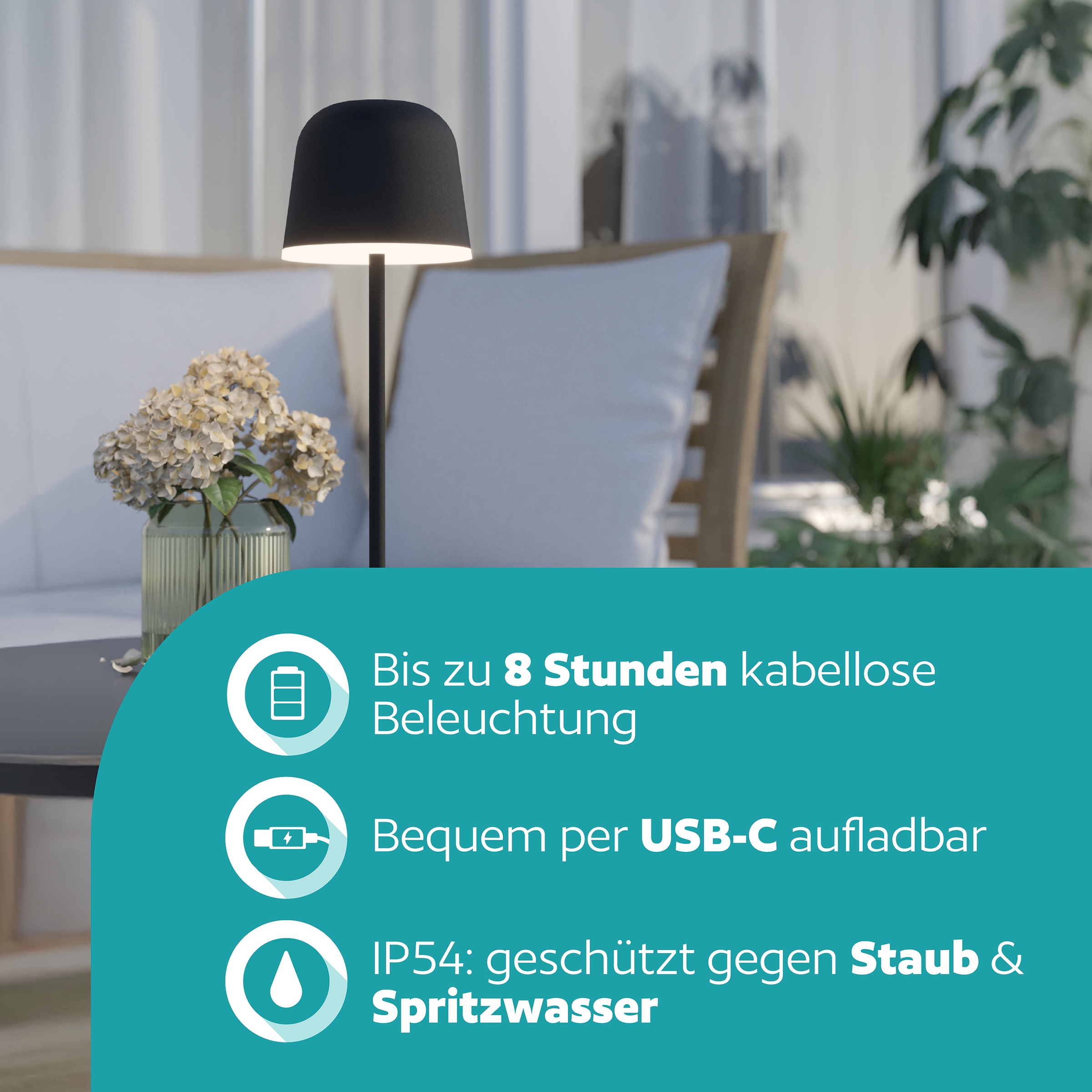 EGLO Tischleuchte »MANNERA« LED-Modul 1 Stk. Warmweiß Nachttischlampe Touch dimmbar, kabellos, Tischleuchte, USB-Port, IP54