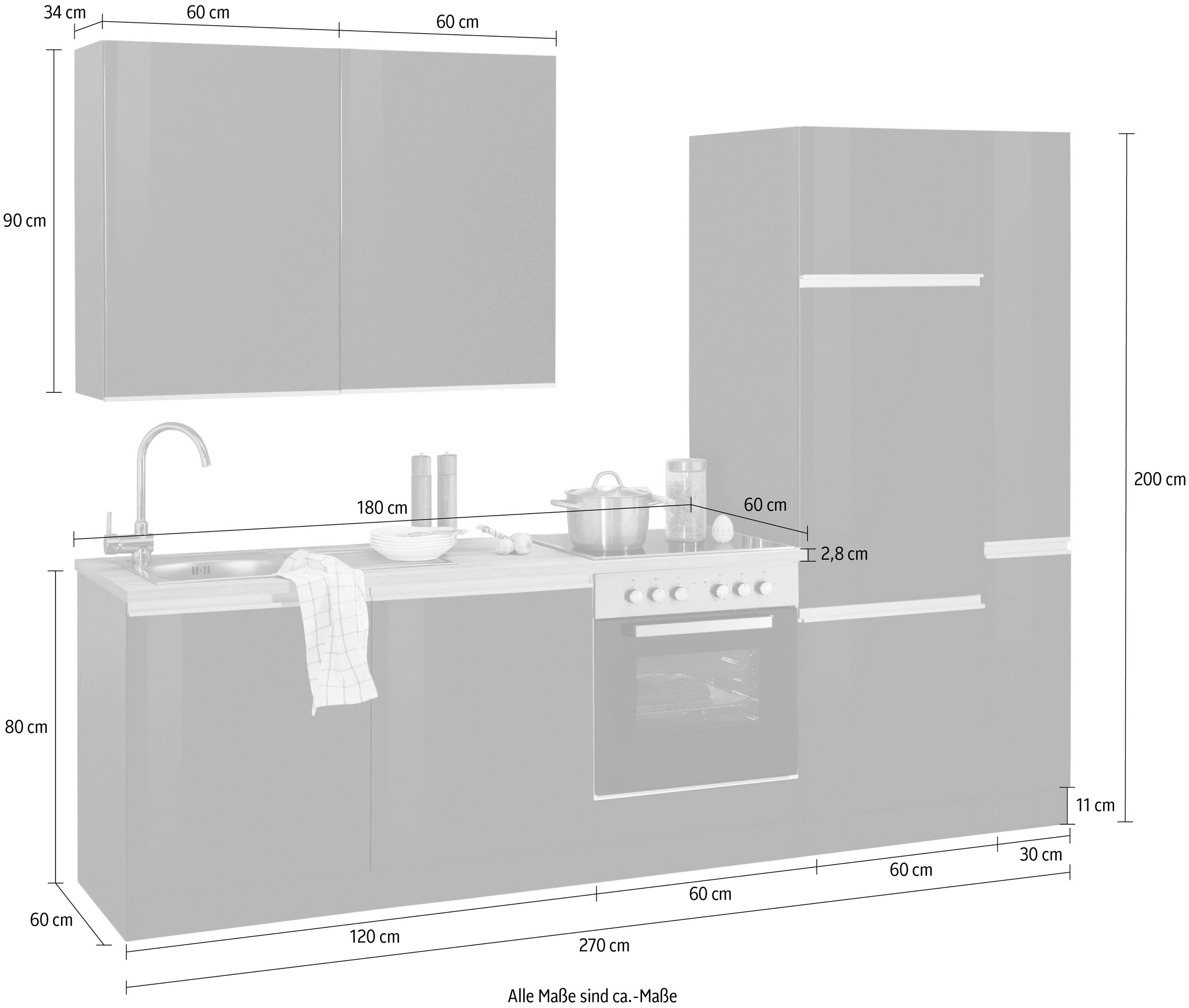 HELD MÖBEL Küchenzeile »Ohio«, ohne E-Geräte, Breite 270 cm auf Rechnung  bestellen