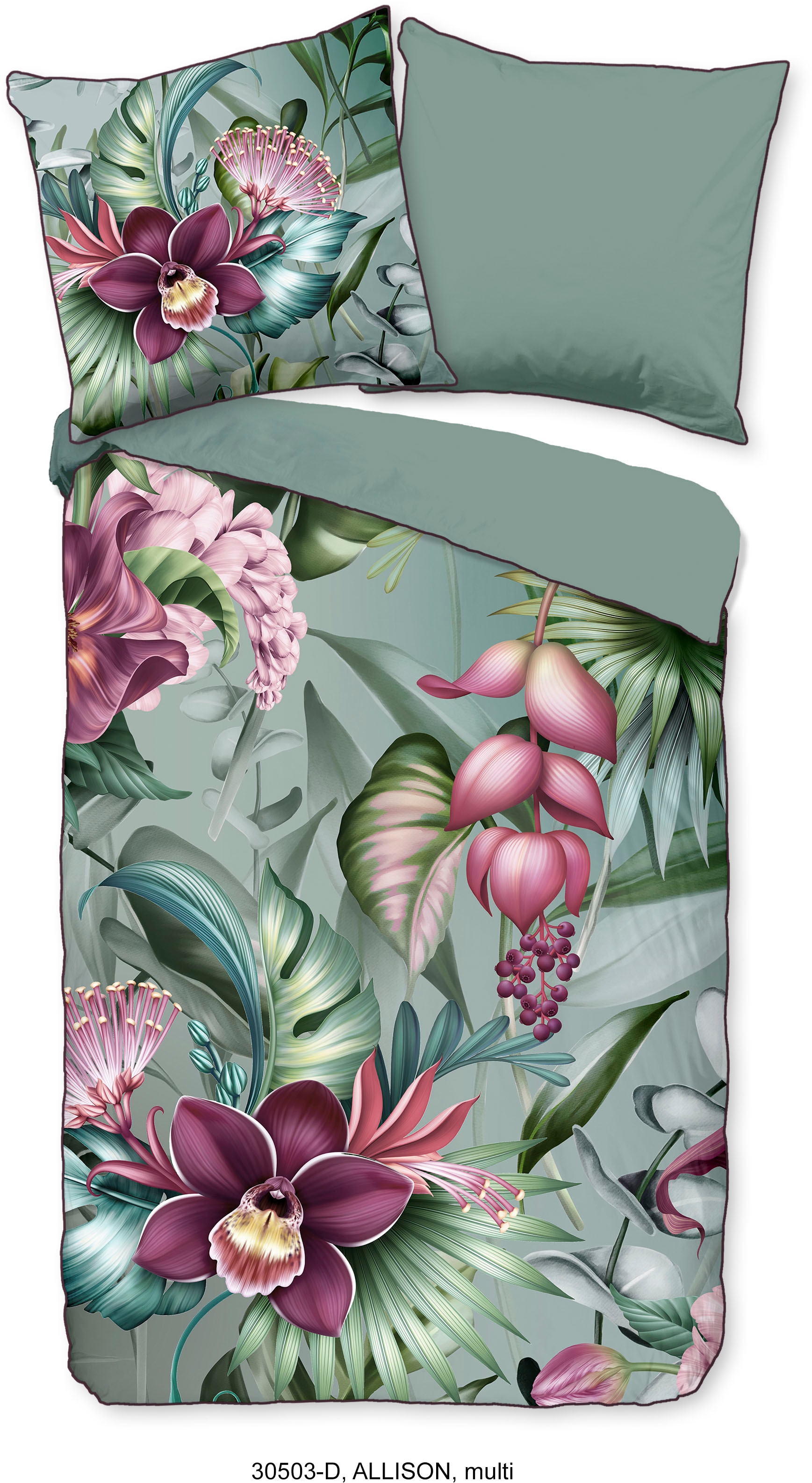 Descanso Wendebettwäsche »Allison«, Baumwolle, Satin, 135x200, Biese, Reißverschluss, Wende, Blumen Grün