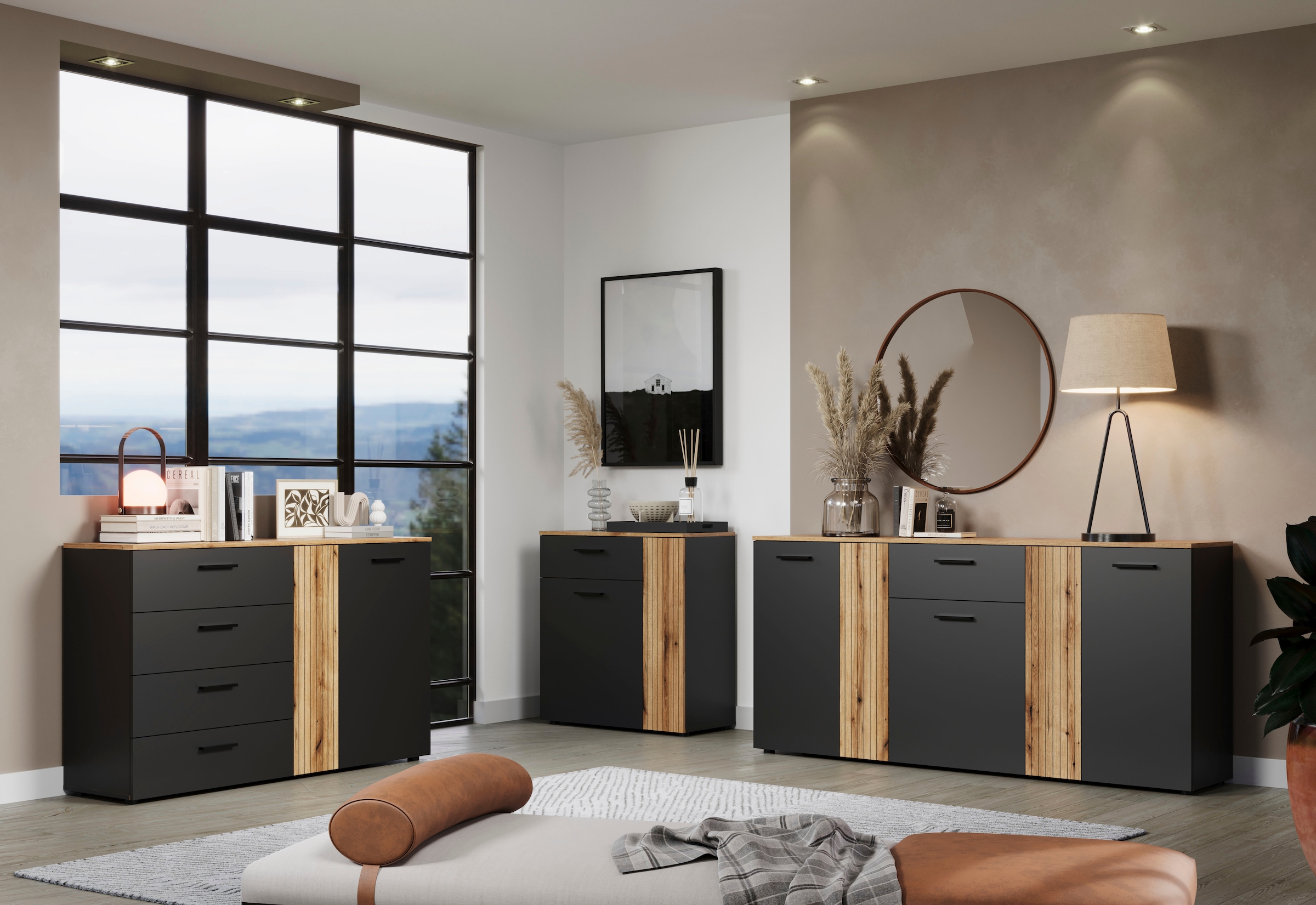 Home affaire Kommode »Estepona« Sideboard mit anpassbaren Türen mit Rillen-Optik