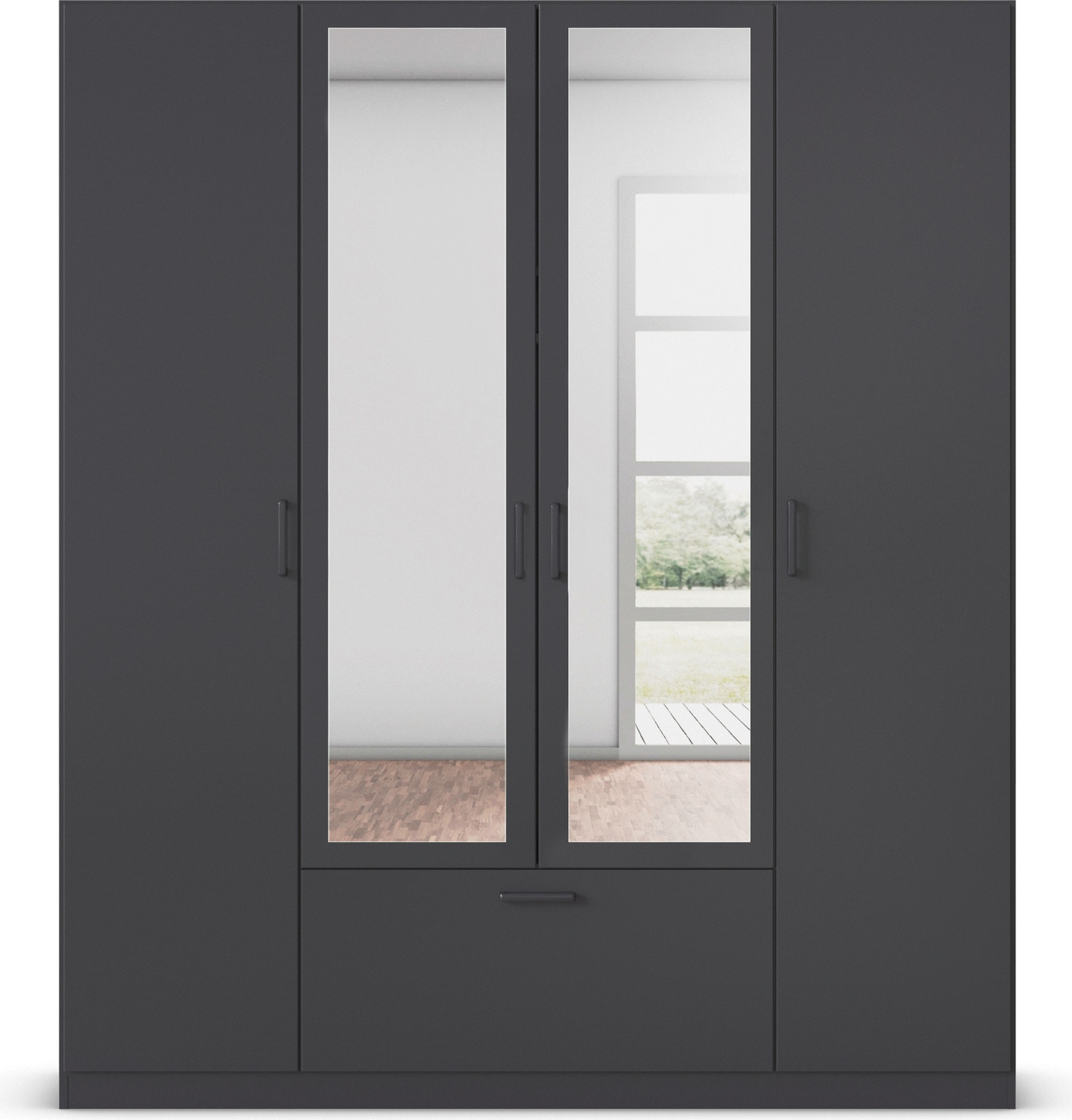 rauch Drehtürenschrank »Kleiderschrank Schrank Garderobe Wäscheschrank BARI mit Spiegel«, mit Schubasten mittig, moderner Griff in Graumetallic MADE IN GERMANY