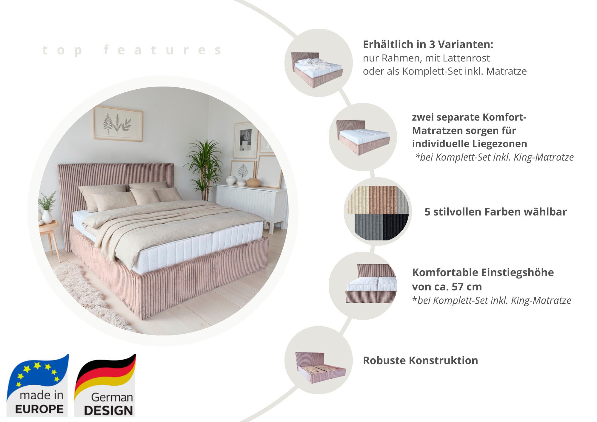 OTTO home Polsterbett »AVVRA in der Größe 180x200 cm, mit Breitcord bezogen« wahlweise mit Lattenrost und King-Matratze (28cm)
