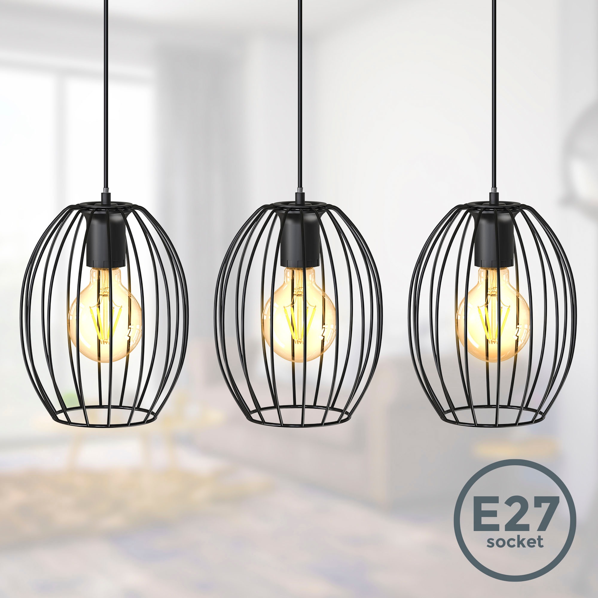 B.K.Licht Pendelleuchte »BK_PL1461 Retro-Pendellampe, Metall, Schwarz«, 3 f günstig online kaufen