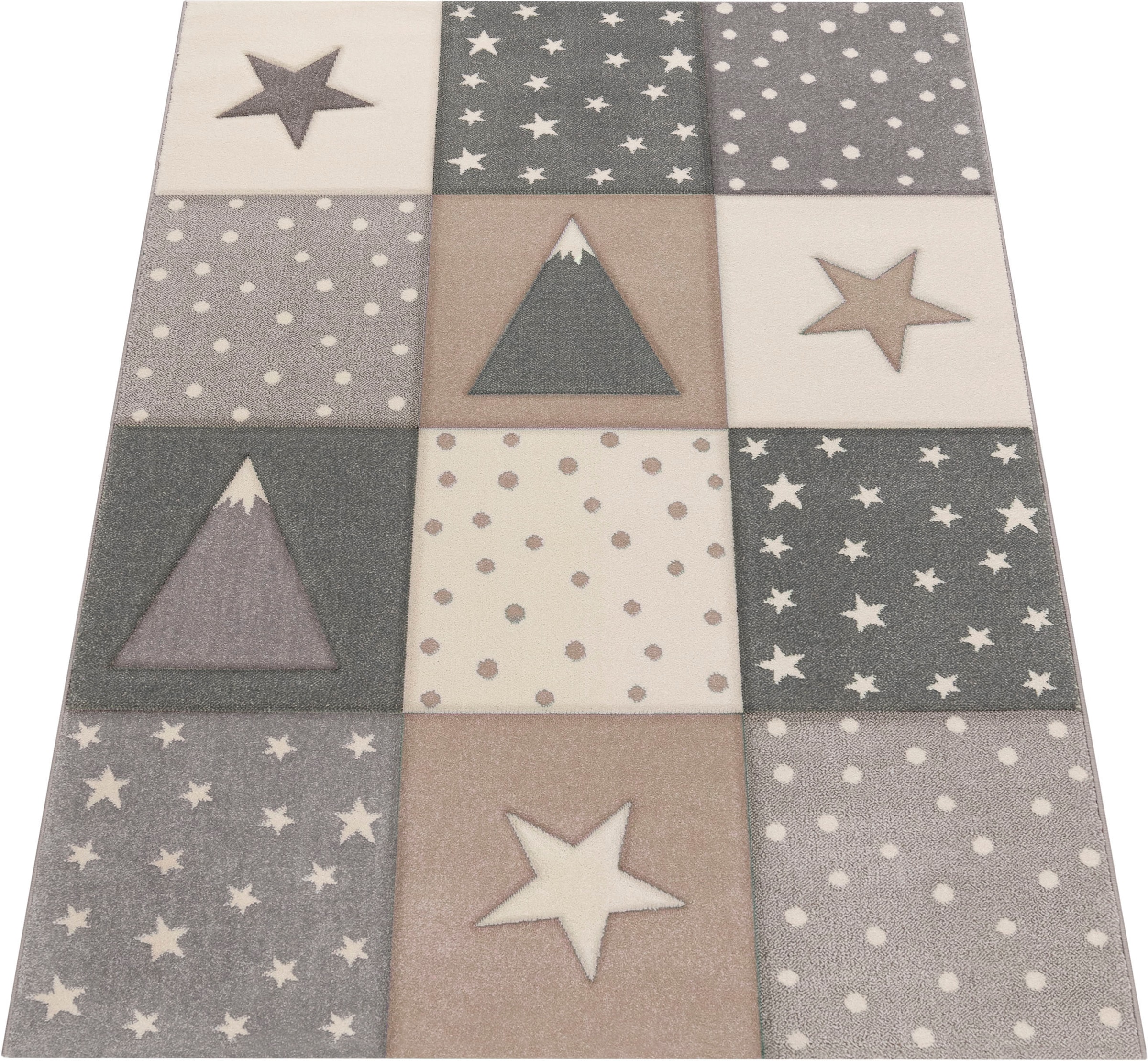 Paco Home Kinderteppich »Cosmo 340«, rechteckig, 17 mm Höhe, Kurzflor, Pastell-Farben, 3D Effekt, Motiv Berge, Punkte & Sterne