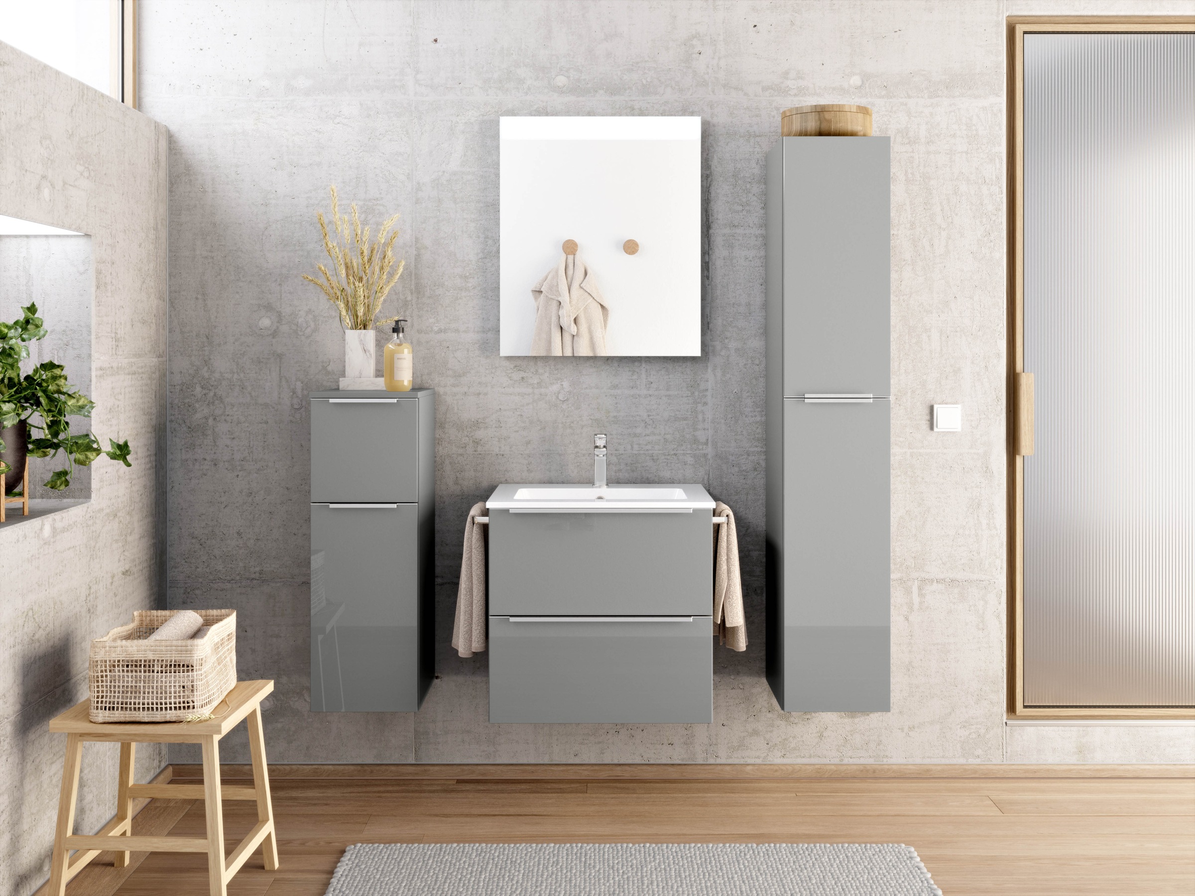 nobilia® Badmöbel-Set »Levere«, (4 St., vormontiert, mit Soft-Close), Hochglanz, inkl. Spiegel mit Touch-Sensor, in vier Breiten