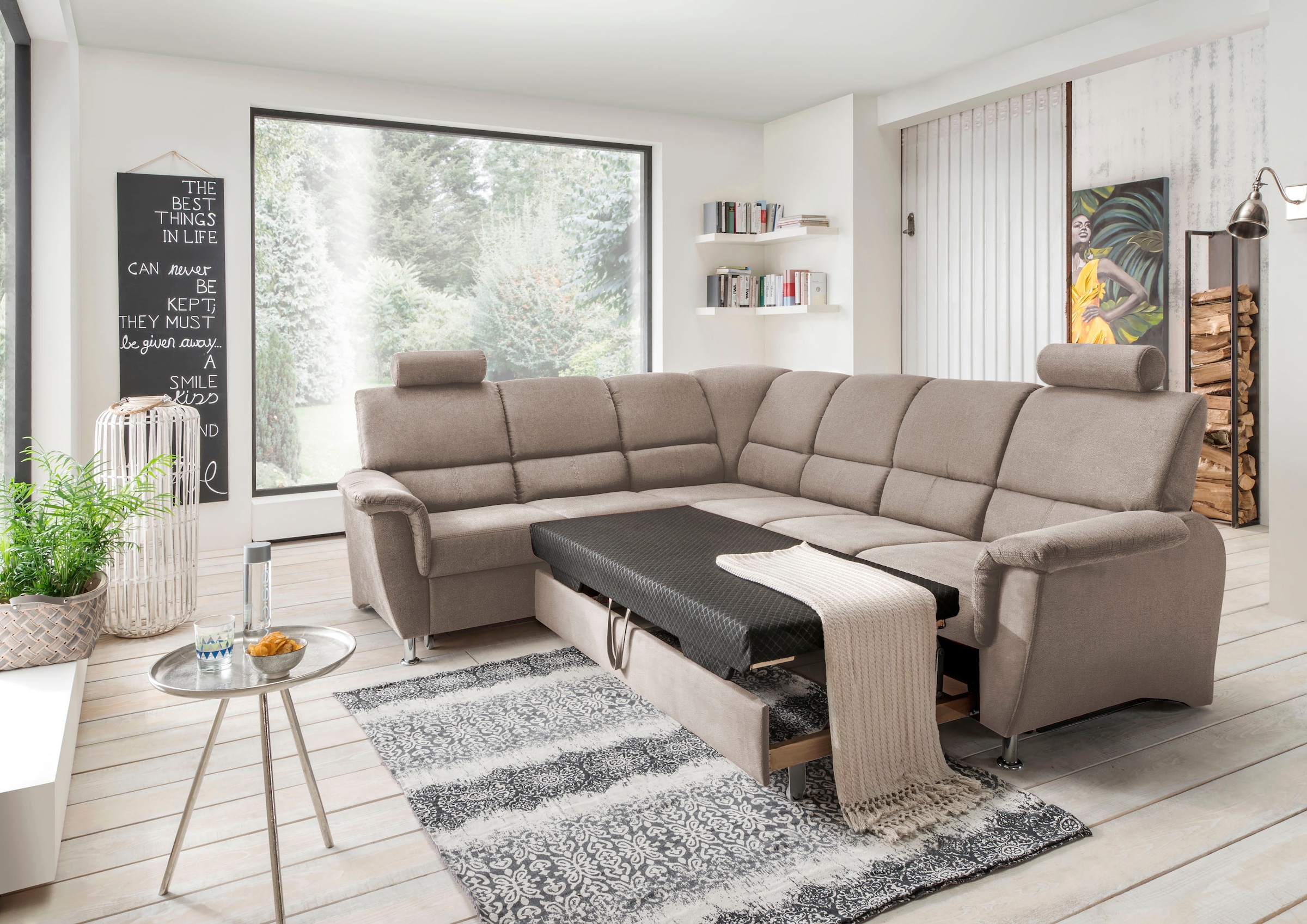 Home affaire Ecksofa »Pisa L-Form, mit Schlaffunktion, Stauraum, 2x höhenverstellbare«, Kopfstützen und Relaxfunktion im Eckelement