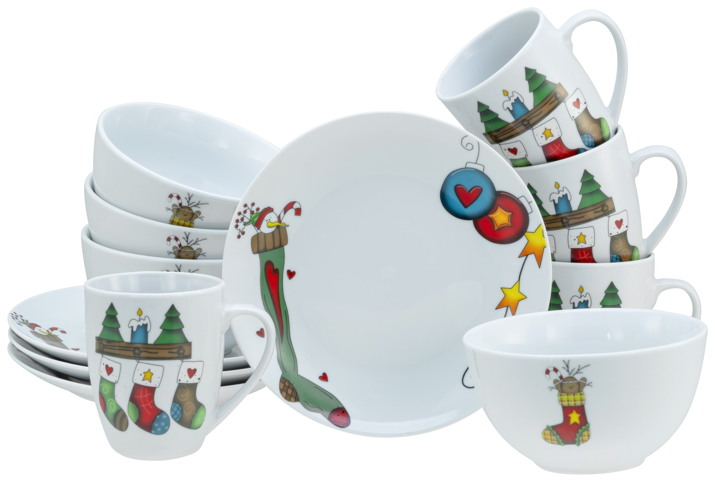CreaTable Frühstücks-Geschirrset »Luna Socken, Frühstücksset 12-tlg«, (Set, 12 tlg.), Winterlicher Dekor mit lustigen Sockenmotiven