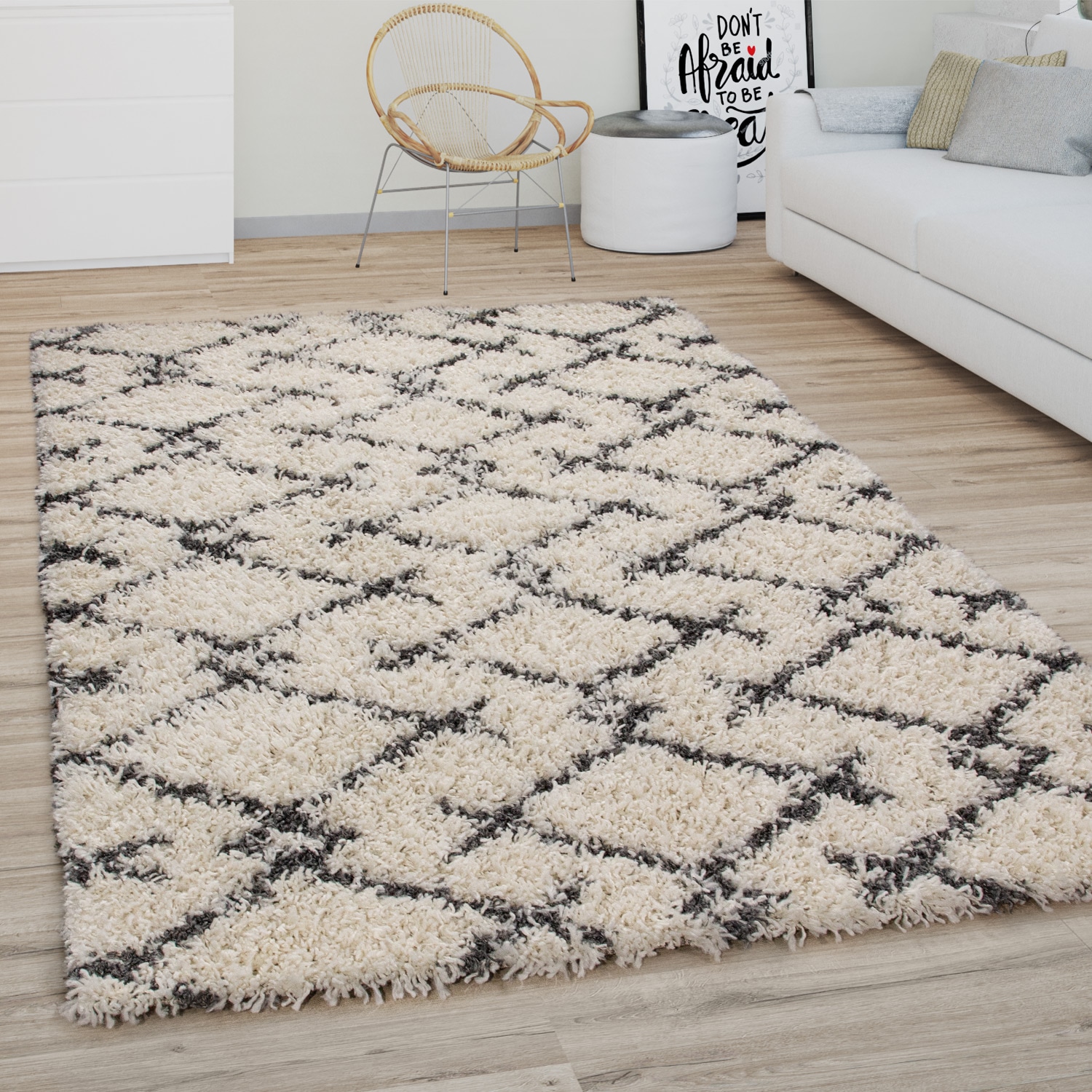 Paco Home Hochflor-Teppich »Kalmar 451«, rechteckig, 44 mm Höhe, Shaggy, Scandi Design, modernes Rauten Muster, weich & kuschelig