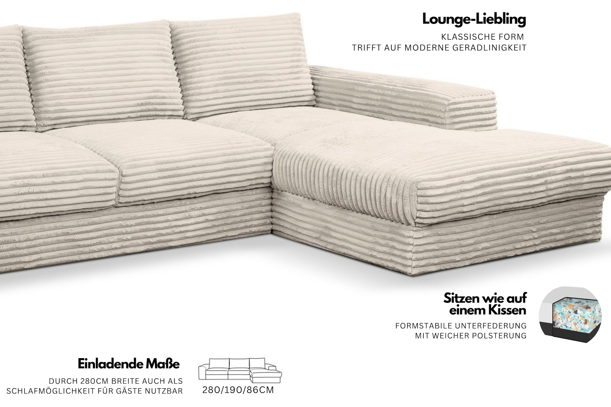 WERK2 Ecksofa »Rozzana 280 x 190 cm zeitlos & bequem, viel Platz, Design & Komfort« Plüsch, L-Form, XXL