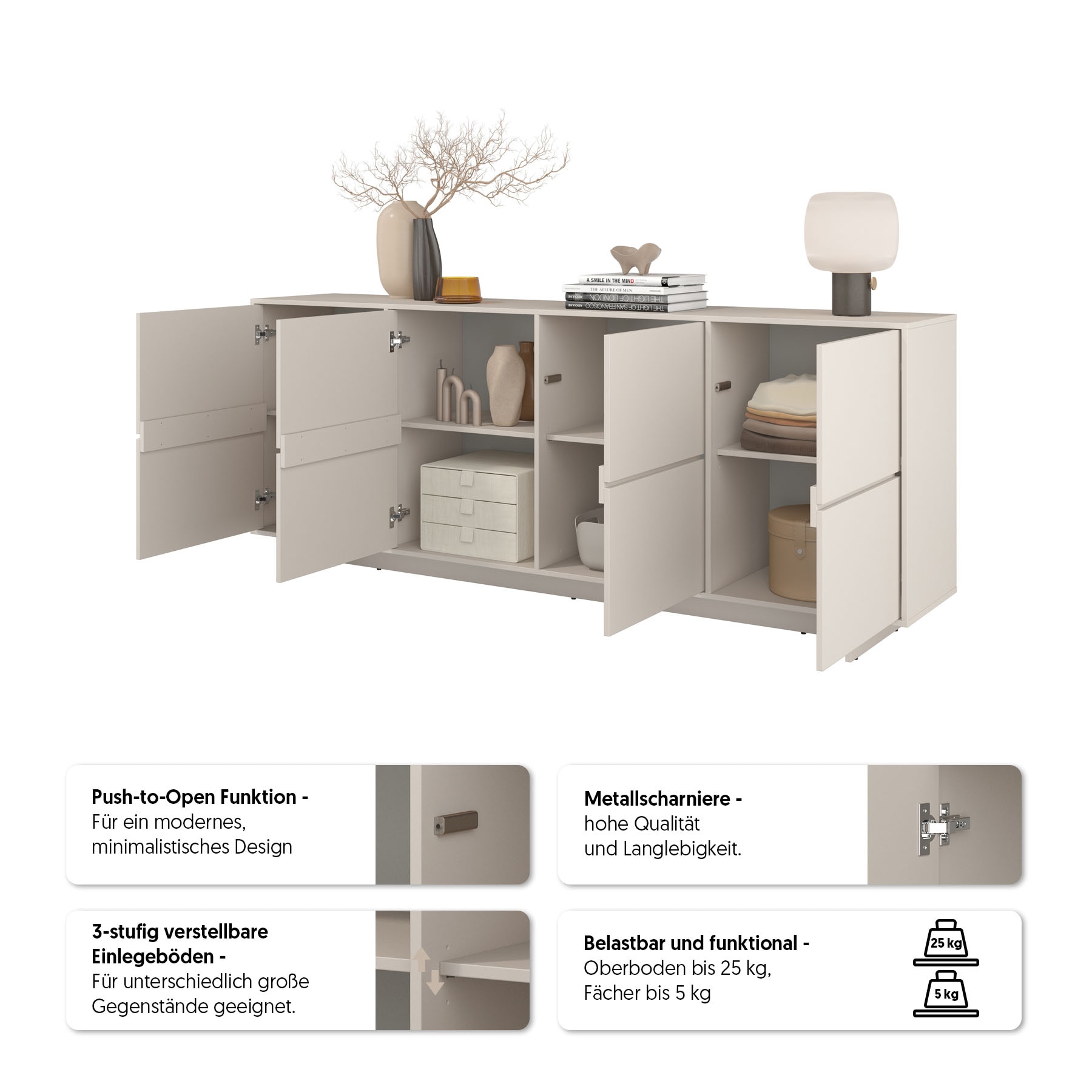 OTTO home Sideboard »Tatami, Stilvolle, moderne grifflose Kommode 4 Türen, Breite 220cm« Anrichte mit viel Stauraum, Böden verstellbar, push-to-open-Funktion
