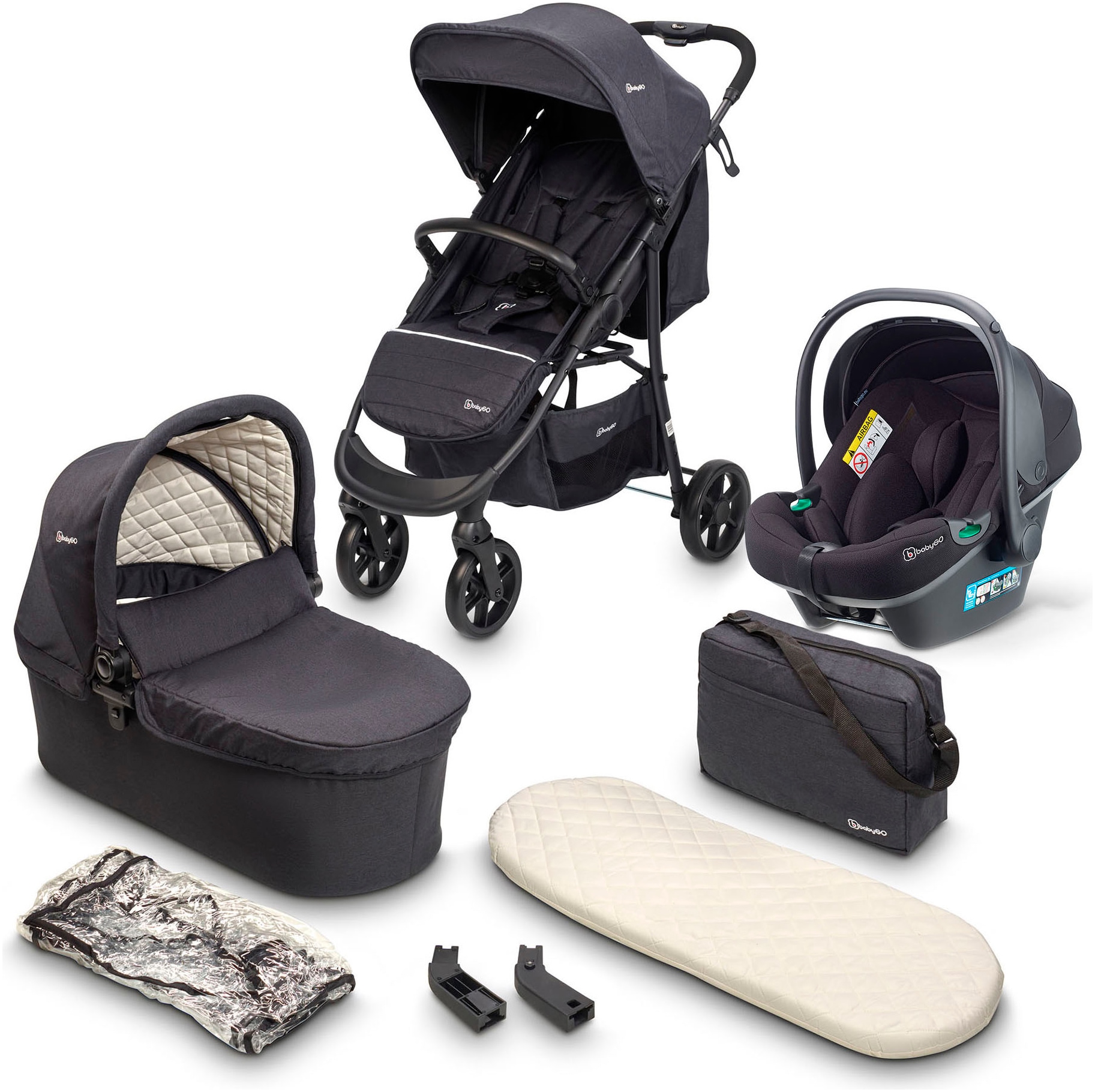 BabyGo Kombi-Kinderwagen »Style - 3in1, schwarz«, inkl. Babyschale mit Adaptern u. Wickeltasche