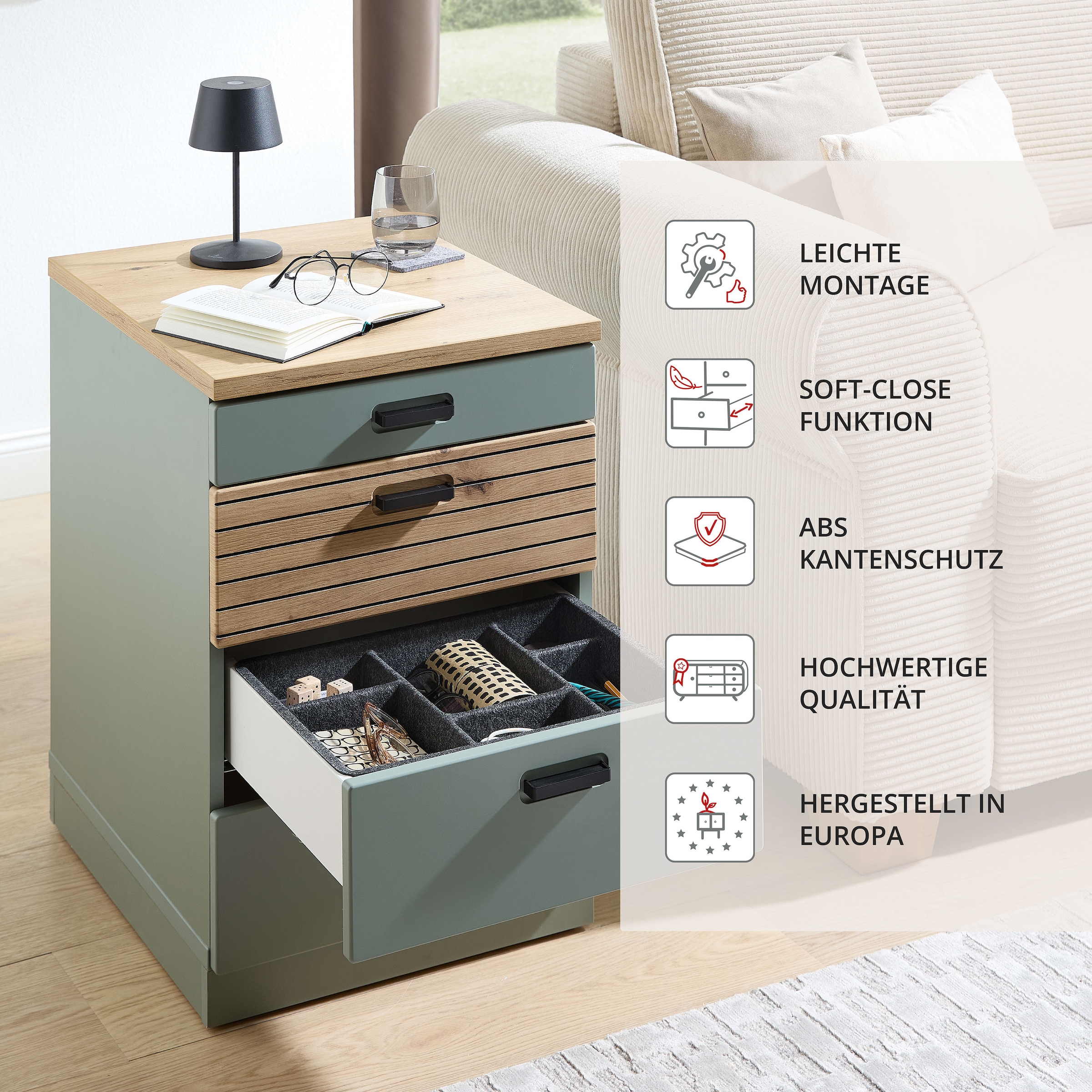 Innostyle Rollcontainer »Nachtkommode Glenn, 45 x 66 x 55 cm (B/H/T)«, (1 St.), inkl. Filzeinlage, 4 Rollen (2 mit Bremsen) oder Sockel, SK Soft-Close