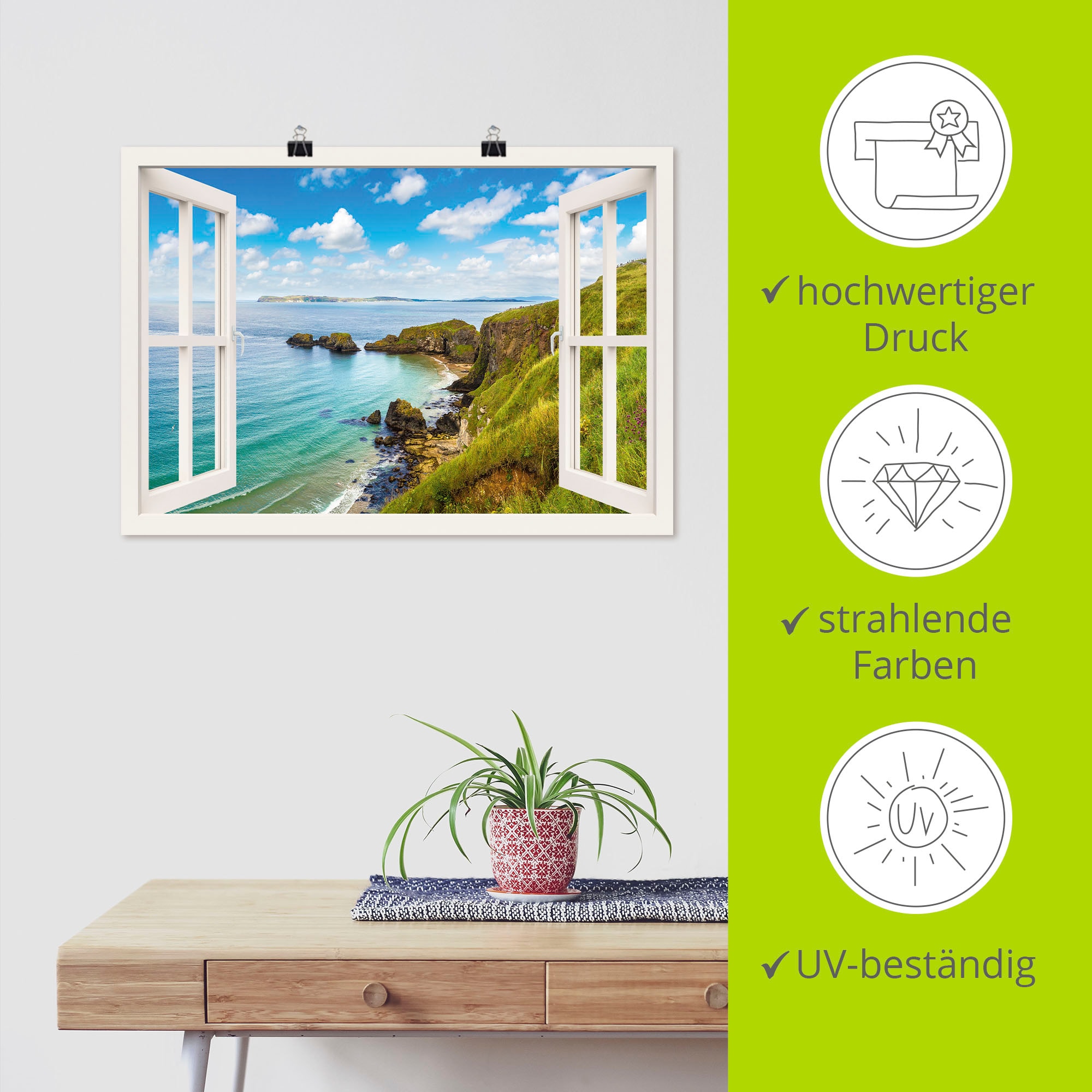 Artland Wandbild »Küstenweg in Nordirland durchs Fenster«, Meer Bilder, (1 St.), als Leinwandbild, Wandaufkleber oder Poster in versch. Größen