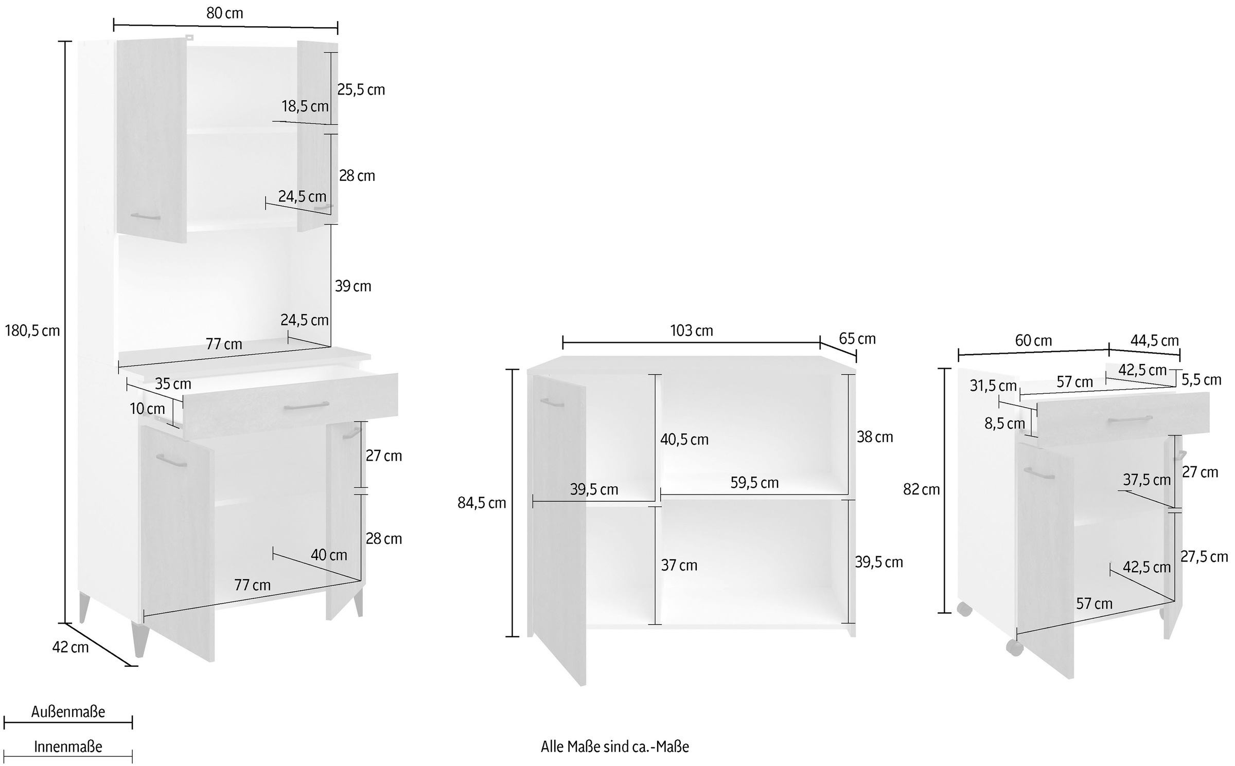 Parisot Schrank-Set »Parisot, Malice 5 - Buffet, Beistellschrank / Insel auf Rollen« Buffet, Beistellschrank, Insel - Mehrzweckrank Set, 3 Stk. tlg.