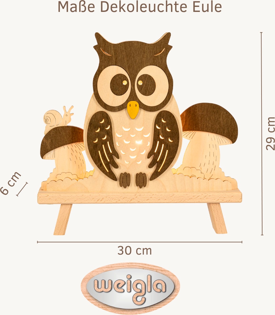 Weigla Dekolicht »Eule, Dekolampe aus Holz, NATUR-BRAUN, Made in Germany«, 1 flammig, Leuchtmittel E14 | Leuchtmittel wechselbar, Erzgebirge garantiert, Herbstdeko innen, Tischlampe