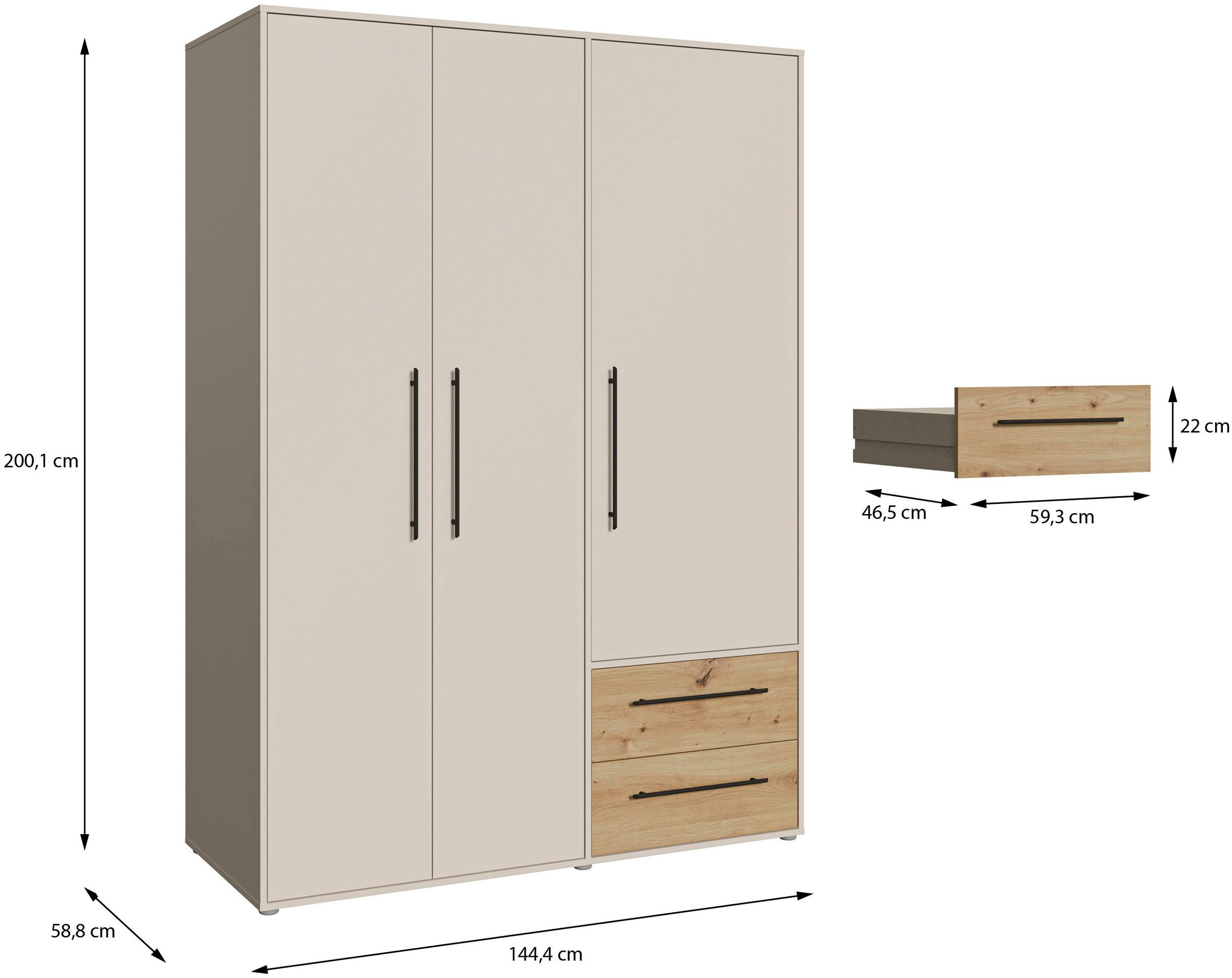 FORTE Drehtürenschrank »Mokkaris, OTTOs Choice, TOPSELLER! 3 Türen, zeitloses Design«, (BHT ca. 145x200x59cm), Schubladen + schwarze Stangengriffe, Made in Europe, viel Stauraum