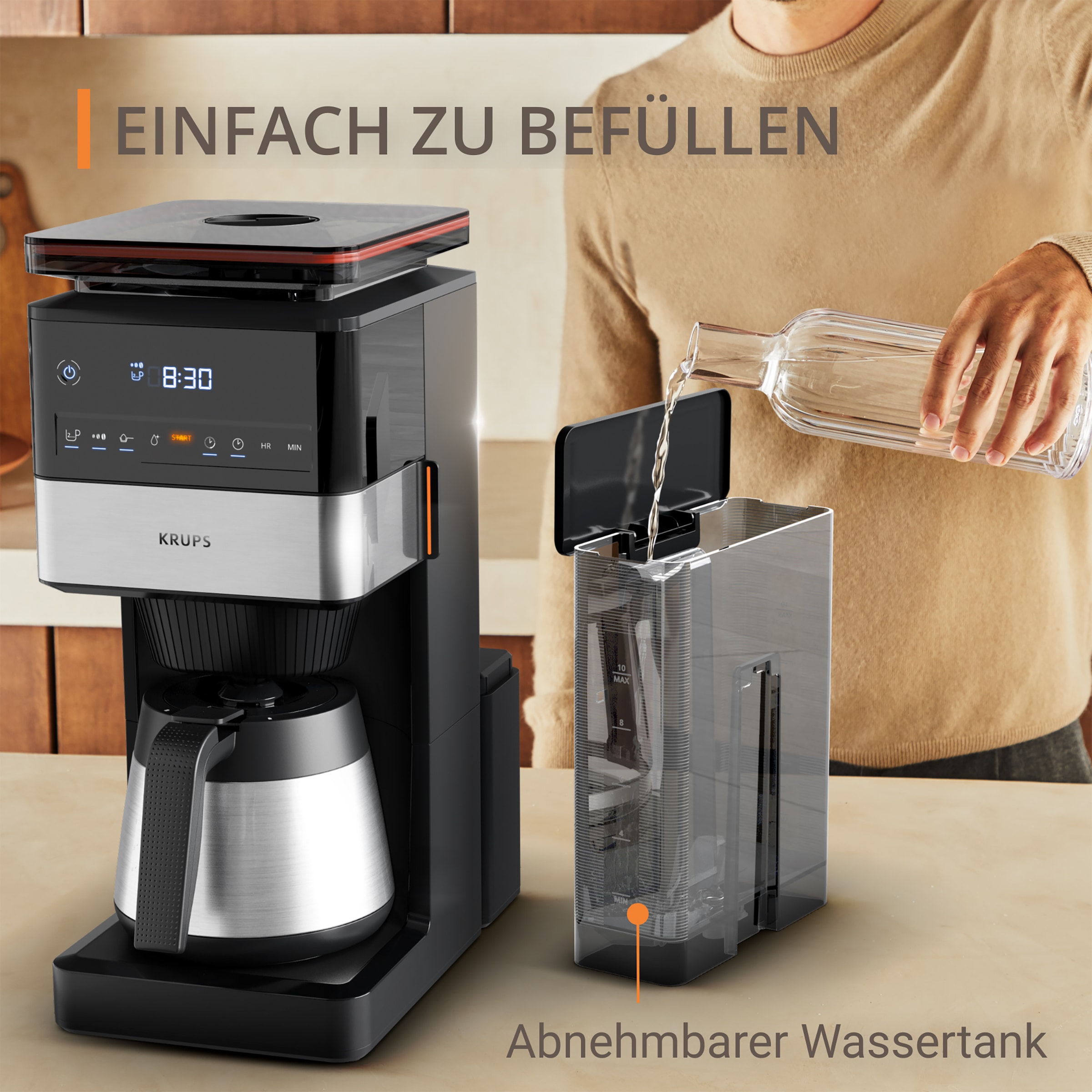 Krups Filterkaffeemaschine »KT8428 Grind Aroma XL«, 1,25 l Kaffeekanne, Papierfilter-Permanentfilter, 1x4, Kegelmahlwerk, digitales Bedienfeld, 1,25 l, 4h warm dank Isolierkanne