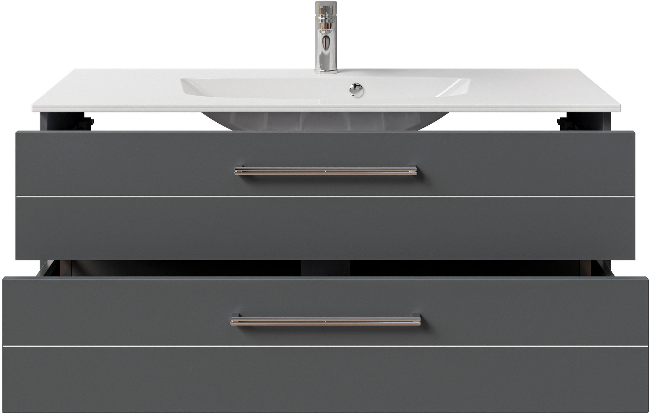 Saphir Badmöbel-Set »Serie 6025 2-teilig Mineralmarmor-Waschtisch mit LED-Spiegelschrank«, (2 St.), Waschplatz 117cm breit, 2 Schubladen, 3 Spiegel-Türen, inkl Türdämpfer