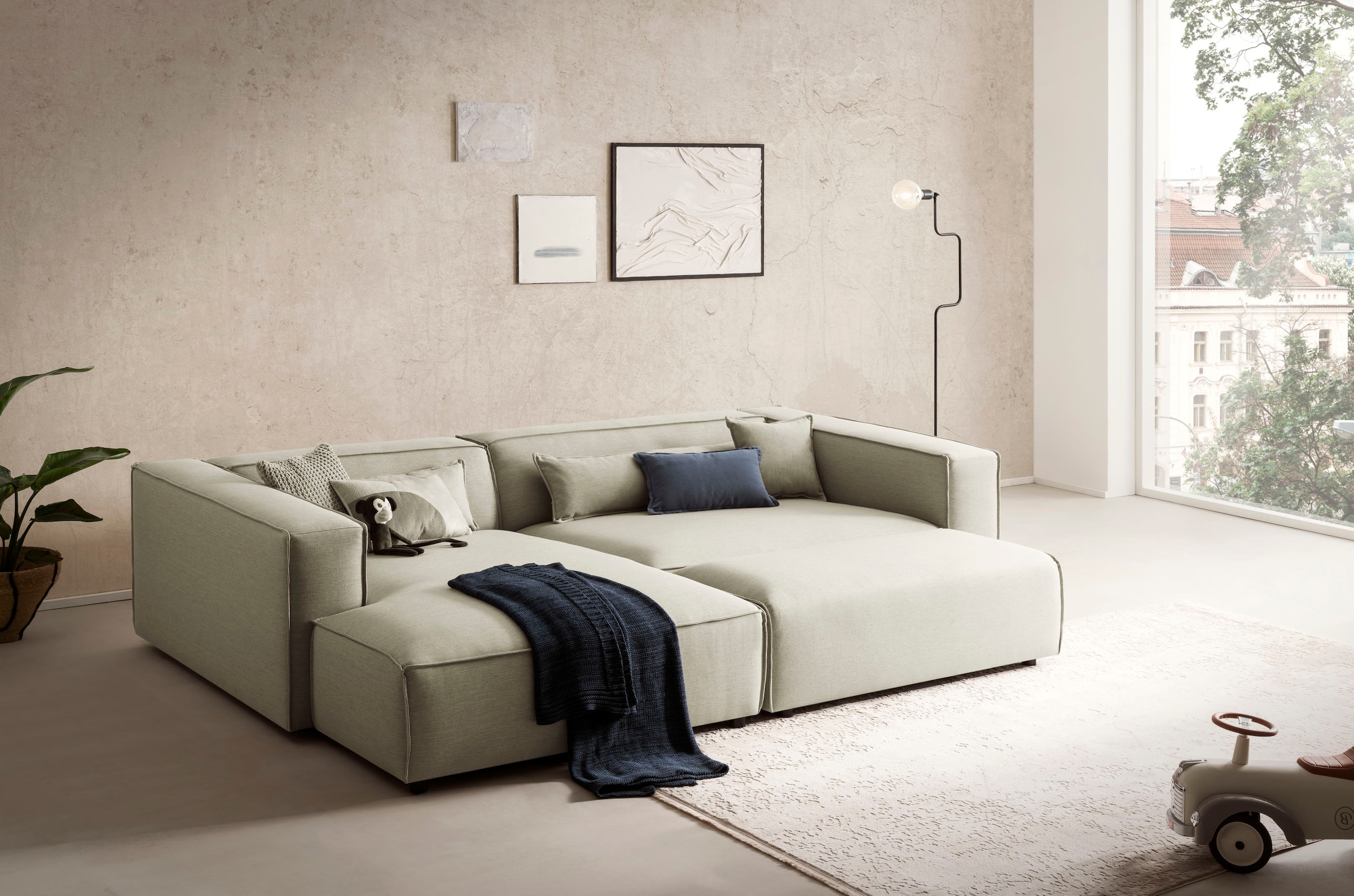 LeGer Home by Lena Gercke Polsterecke »PIARA XXL, L-Form mit Schlaffunktion, Big-Sofa in Cord o. Leinenoptik«, Hocker stellbar zum Schlafsofa (Krokodilverbinder), tiefe Sitzfläche