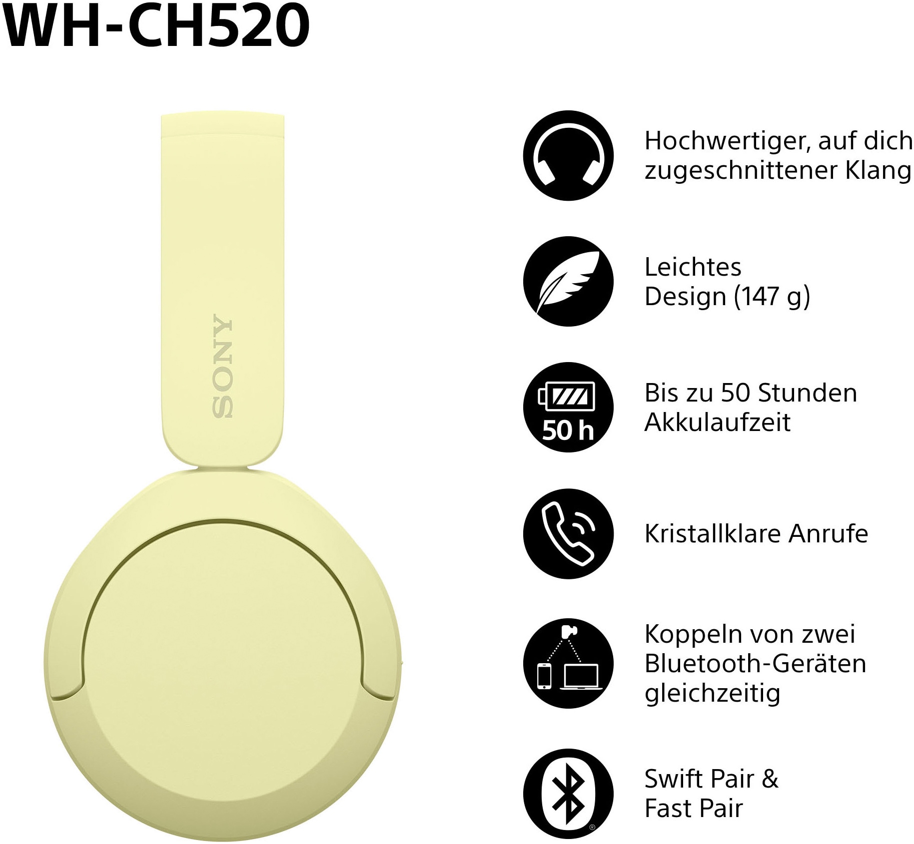 Sony Bluetooth-Kopfhörer »WHCH520«, Bluetooth, Noise-Cancelling-Active Noise Cancelling (ANC)-Freisprechfunktion-Rauschunterdrückung-Sprachsteuerung-kompatibel mit Siri, 200 Std. Max. Akkulaufzeit (Standby)
