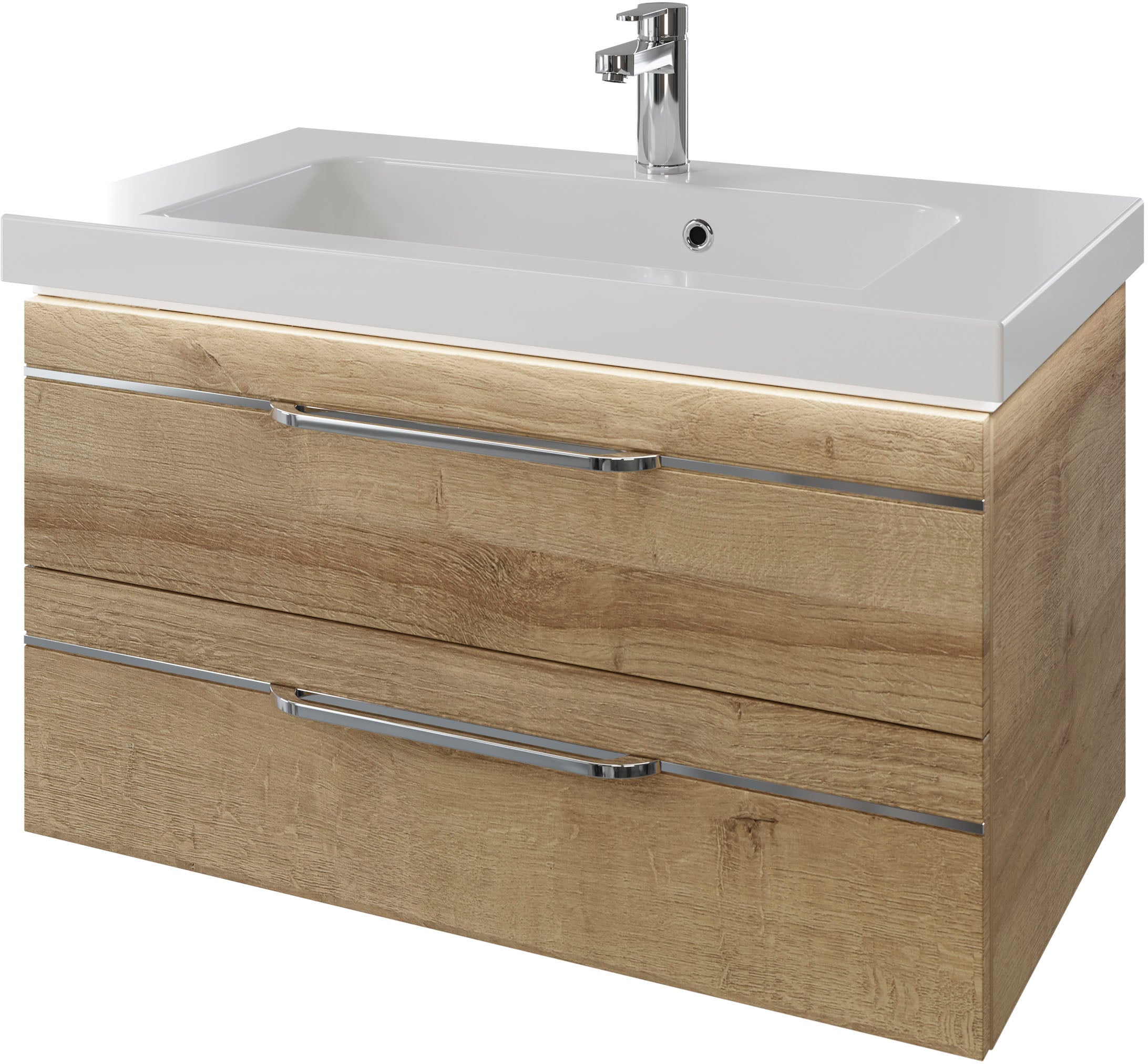 Saphir Badmöbel-Set »Balto 2-teilig Mineralmarmor-Waschtisch mit LED-Spiegel, Waschplatz«, (2 St.), 92 cm breit, mit 2 Schubladen, Badschrank inkl. Schubladendämpfer