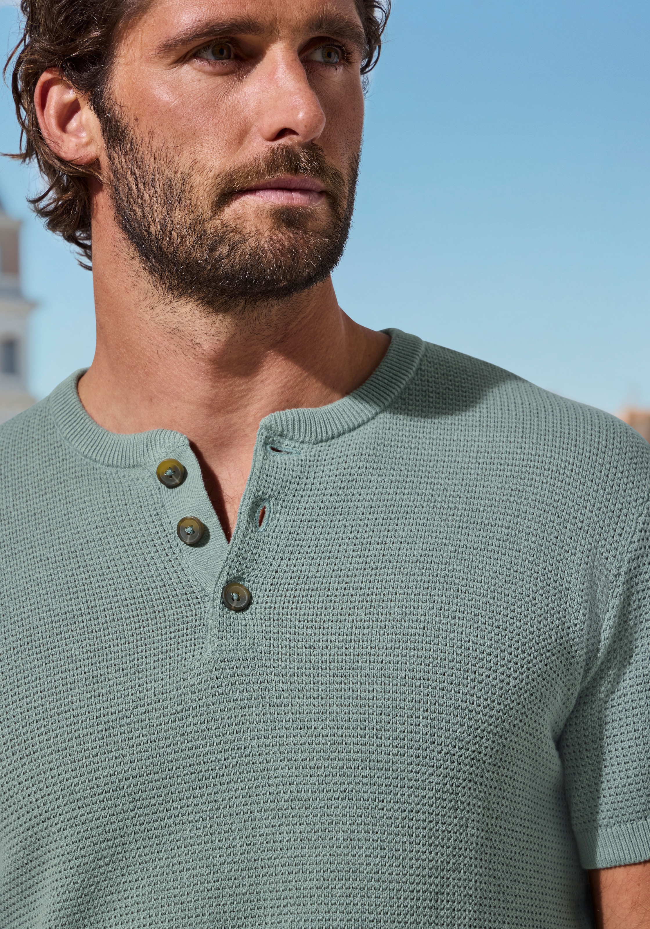 John Devin Henleyshirt »- Strickshirt« Rundhalsausschnitt mit kleiner Knopfleiste