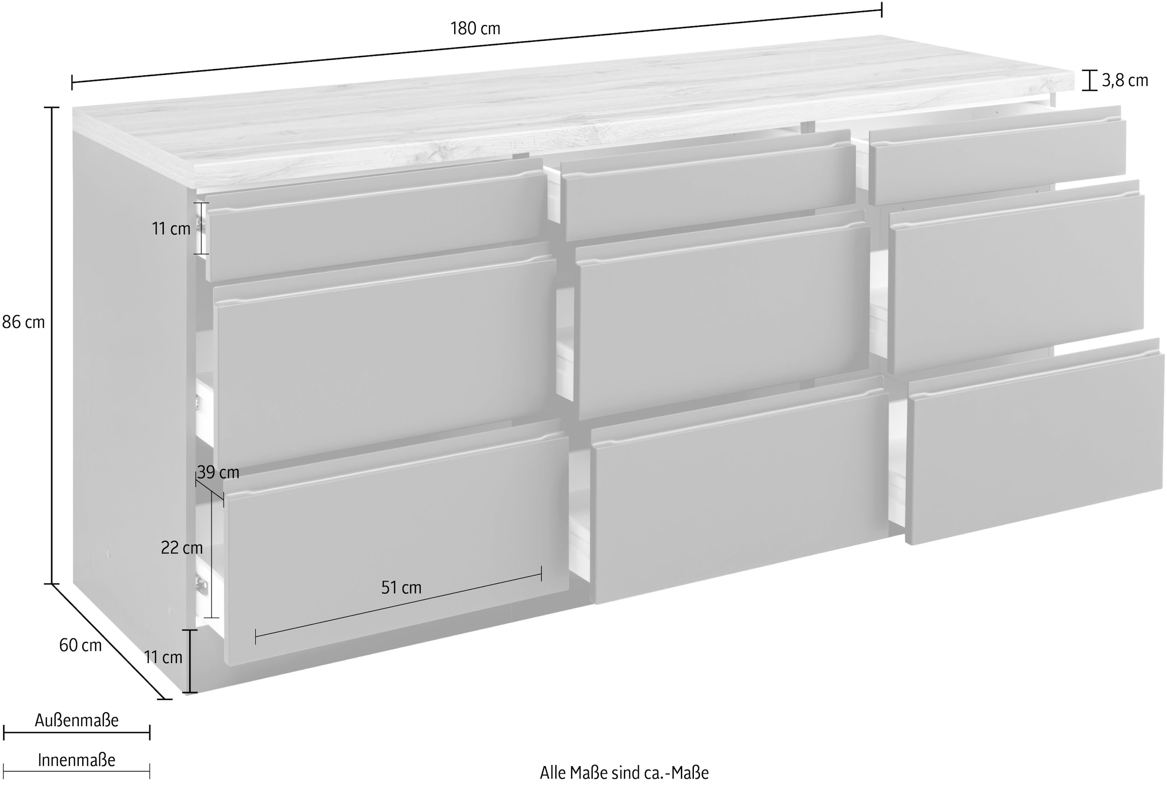 KOCHSTATION Unterschrank »KS-Bruneck« >>Bruneck<< 180 cm breit, für viel Stauraum, hochwertige MDF-Fronten